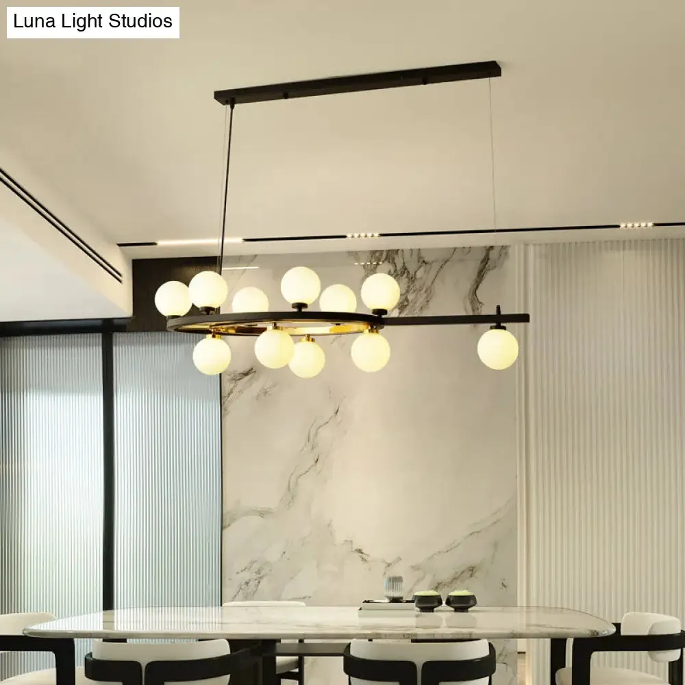 Black Oval Hanging Light Fixture - Nordic Style with 11 Metal Heads and Opal Glass Shade