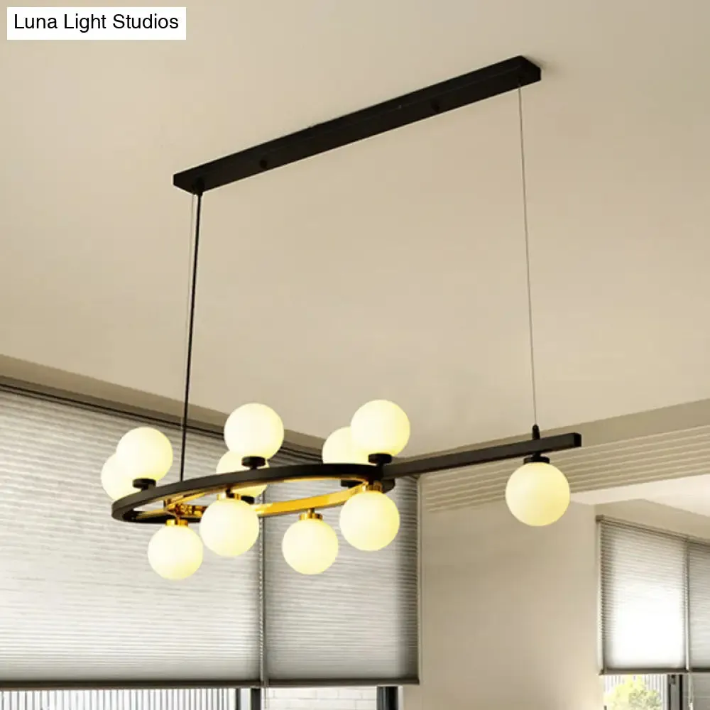 Black Oval Hanging Light Fixture - Nordic Style with 11 Metal Heads and Opal Glass Shade