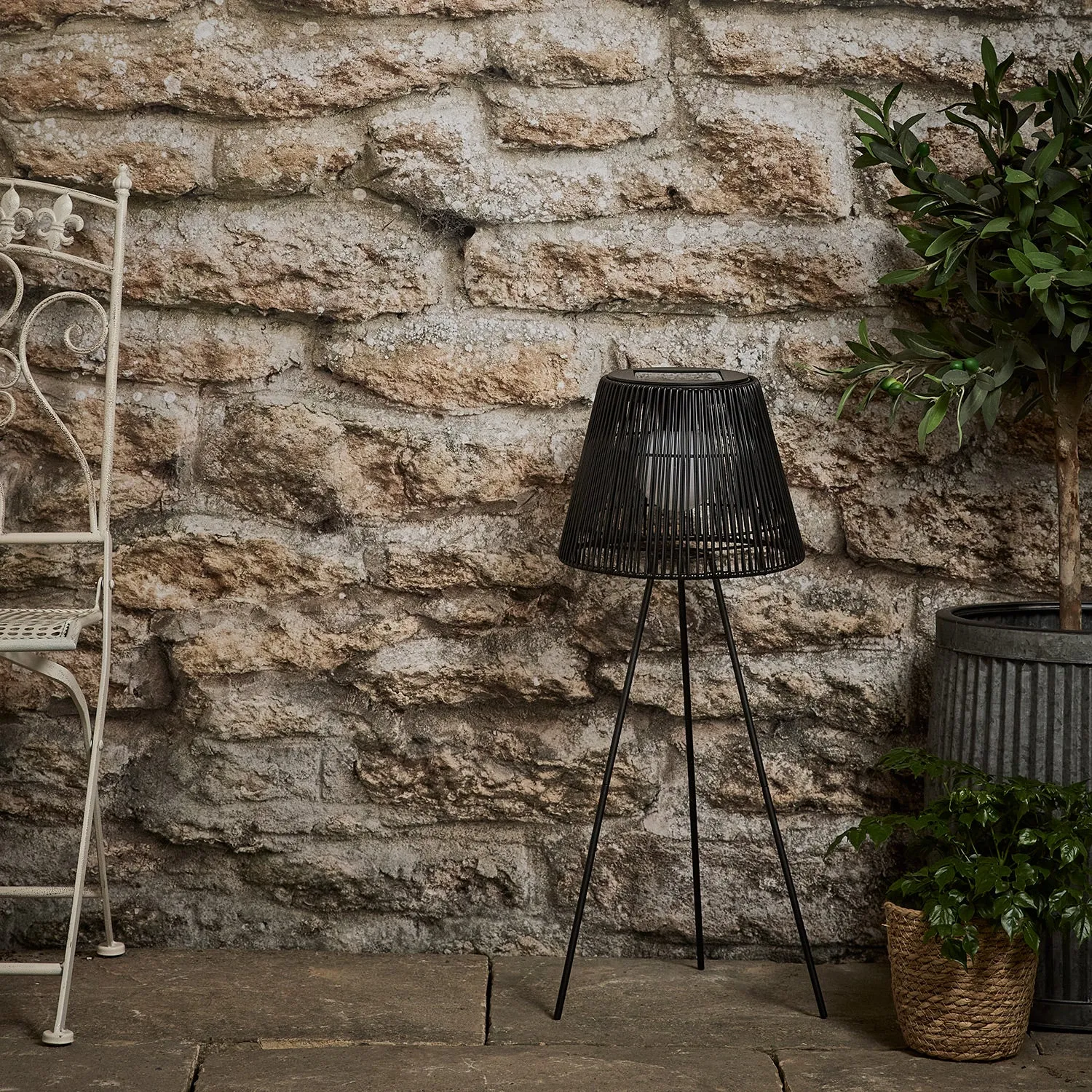 Black Wicker Solar Tripod Floor Lamp