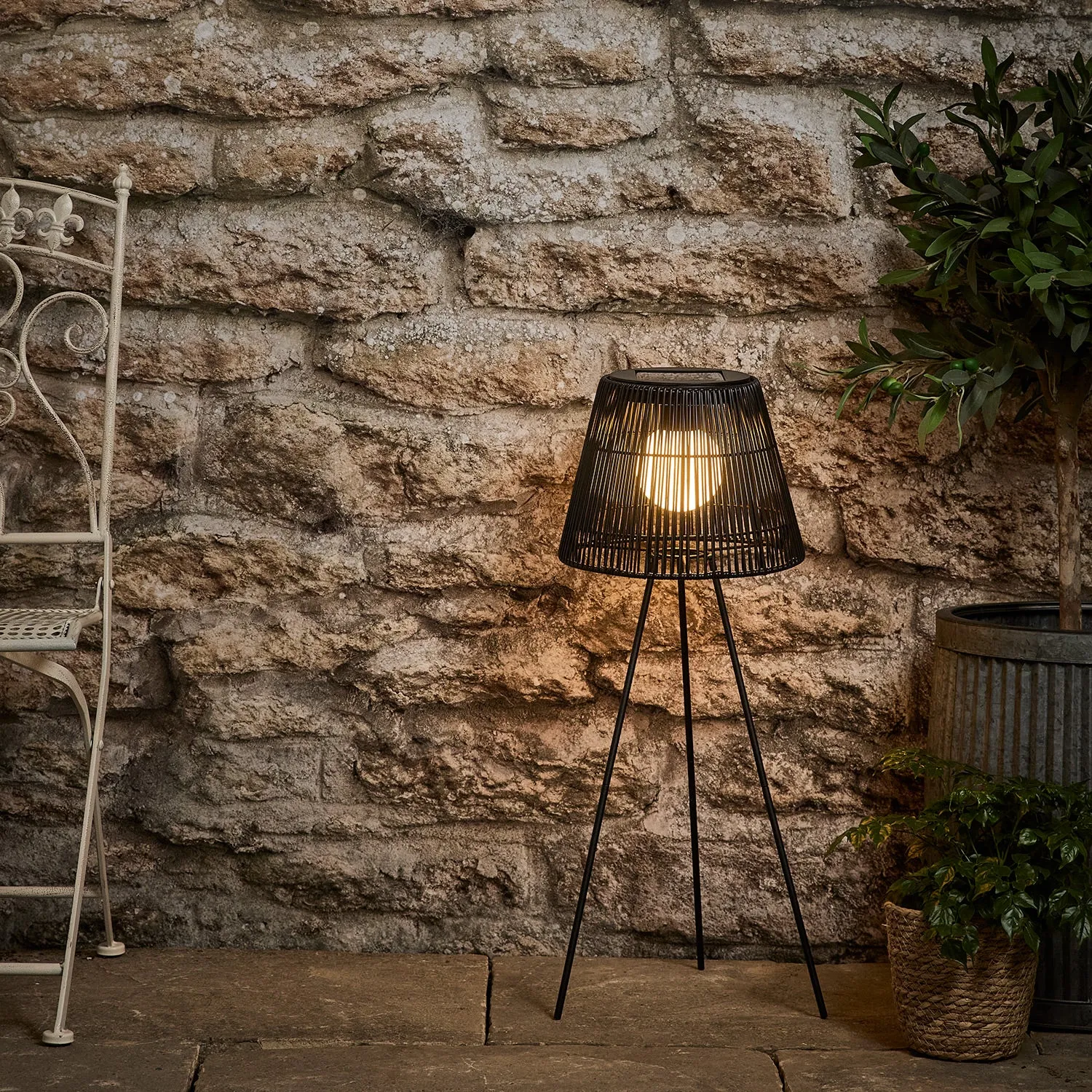 Black Wicker Solar Tripod Floor Lamp