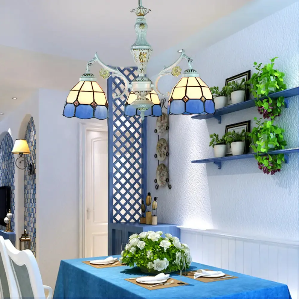 Blue Stained Glass Pendant Chandelier with Traditional Pattern for Indoor Dining