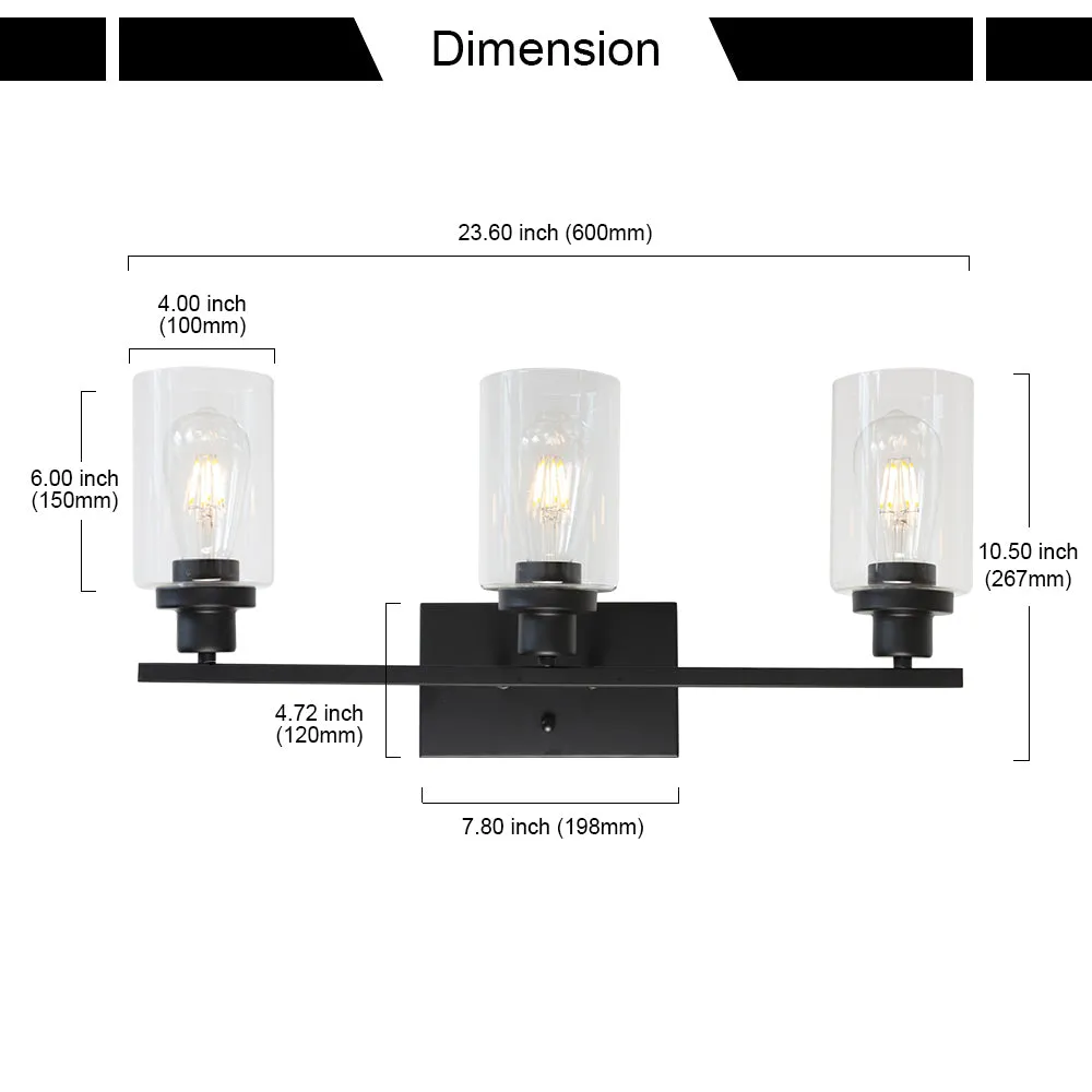 BONLICHT Bathroom Vanity Light Fixtures 3 Lights Wall Sconce Black with Clear Glass Shade