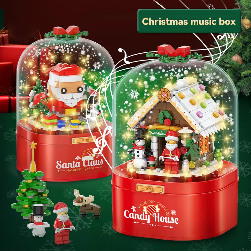 Christmas Building Block Music Box Home decoration with Automatic Snow LED for Boys Grils Christmas Gift