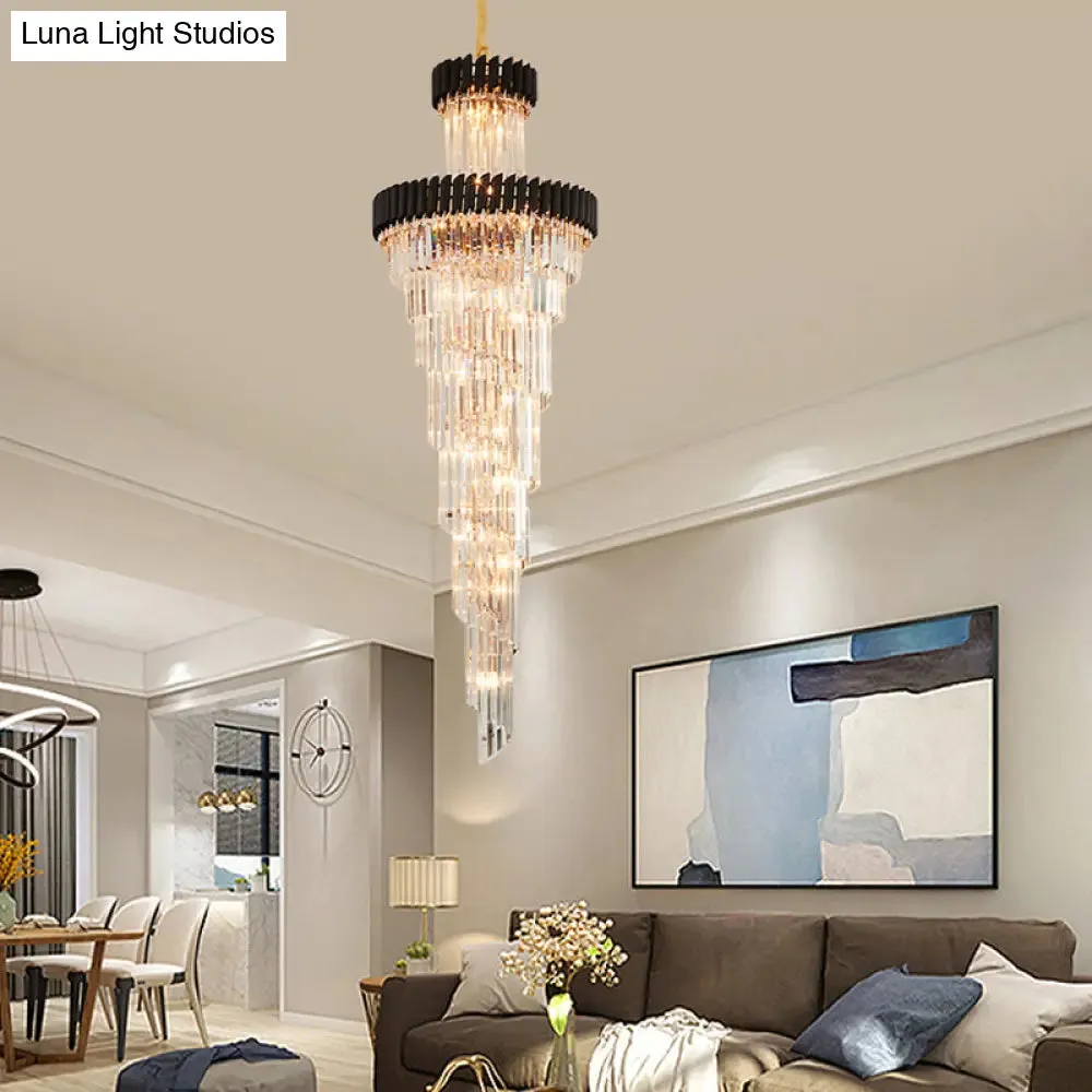 Contemporary 14-Light Spiral Crystal Prism Chandelier, Black/Brass, Perfect for Banquet Halls