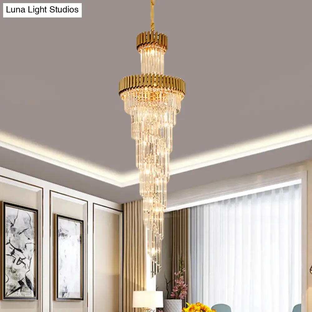 Contemporary 14-Light Spiral Crystal Prism Chandelier, Black/Brass, Perfect for Banquet Halls