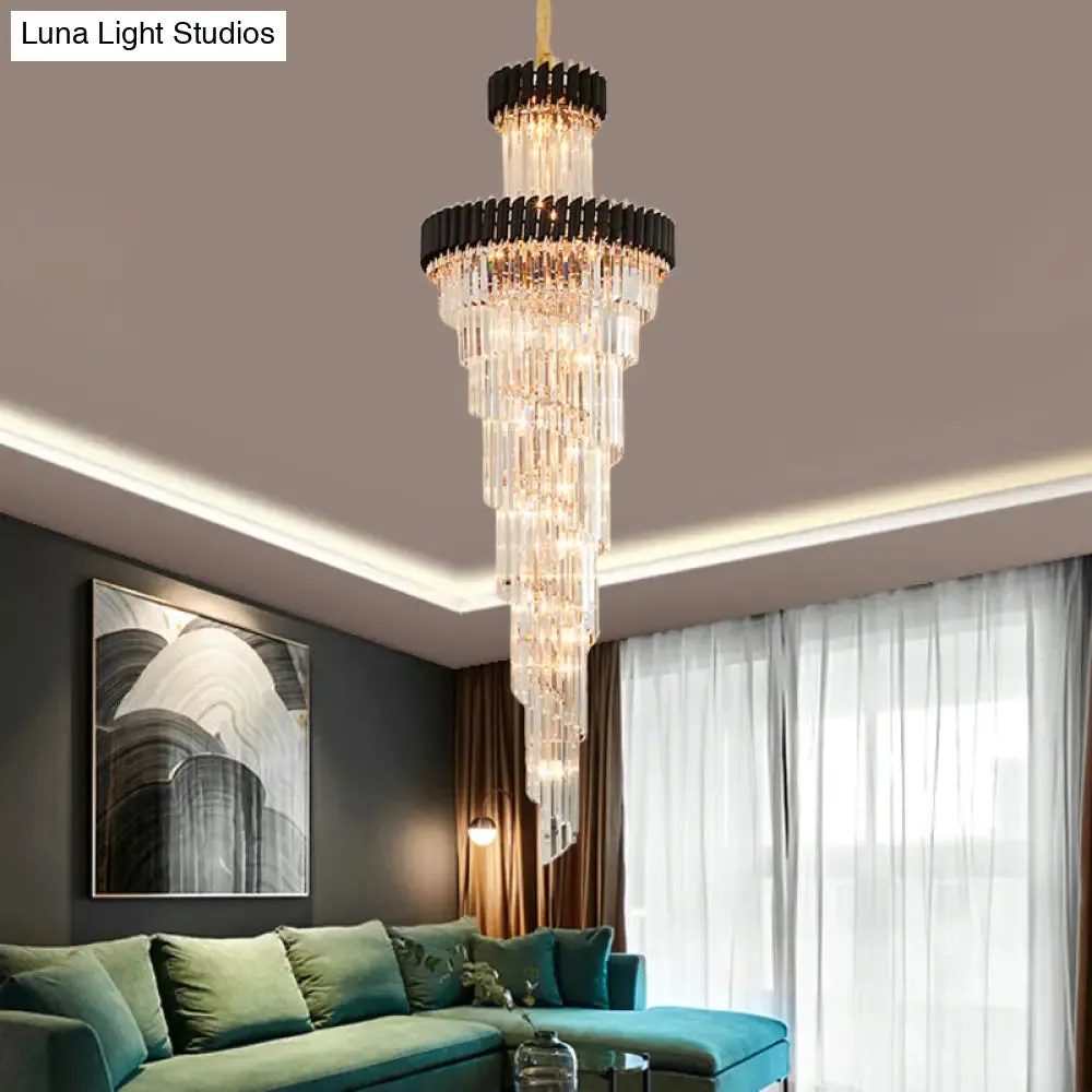 Contemporary 14-Light Spiral Crystal Prism Chandelier, Black/Brass, Perfect for Banquet Halls