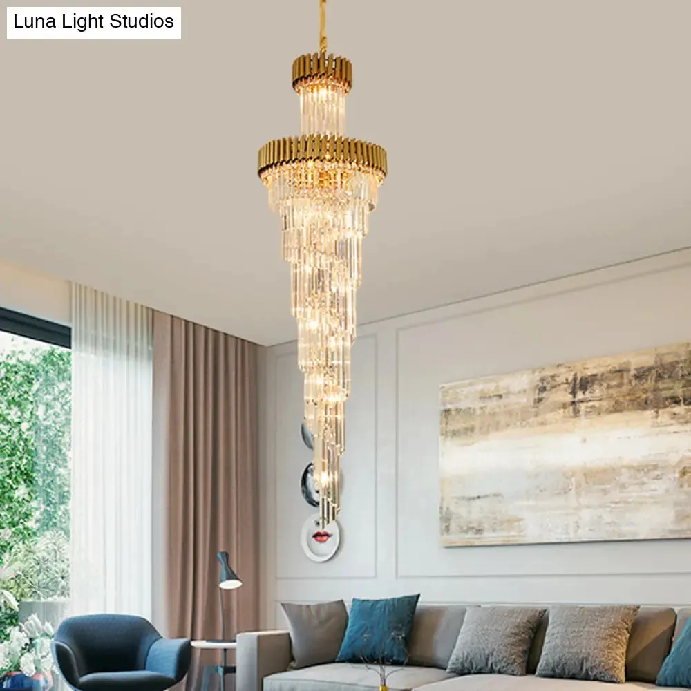 Contemporary 14-Light Spiral Crystal Prism Chandelier, Black/Brass, Perfect for Banquet Halls