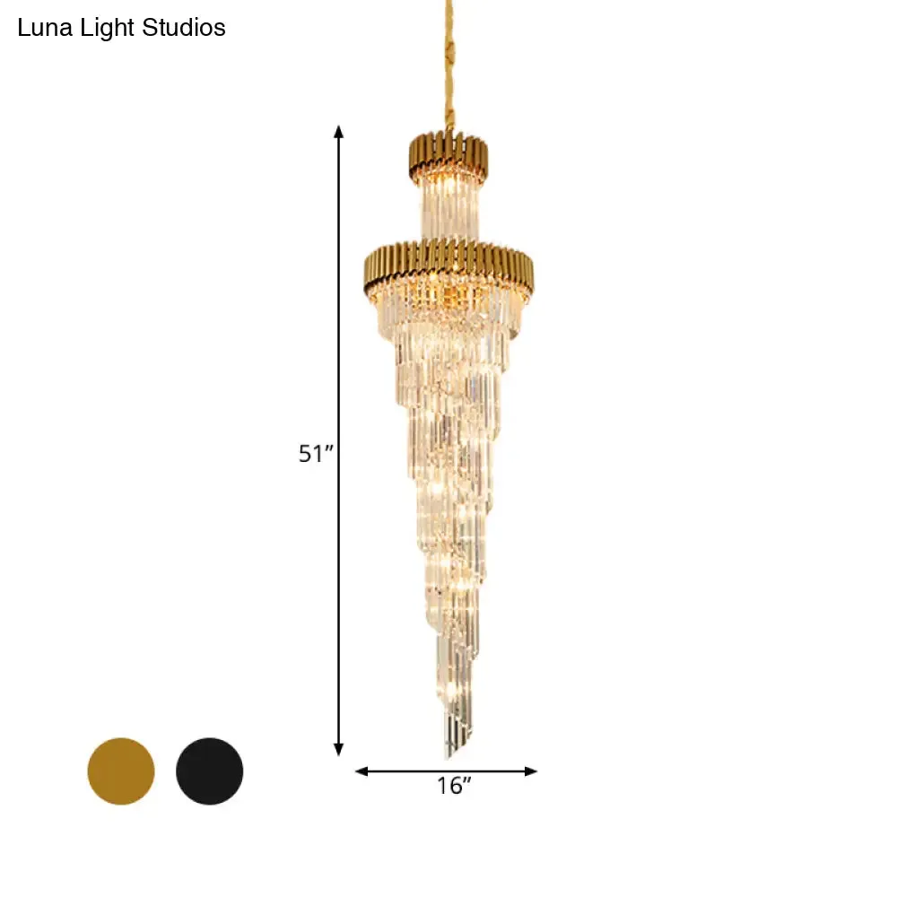 Contemporary 14-Light Spiral Crystal Prism Chandelier, Black/Brass, Perfect for Banquet Halls