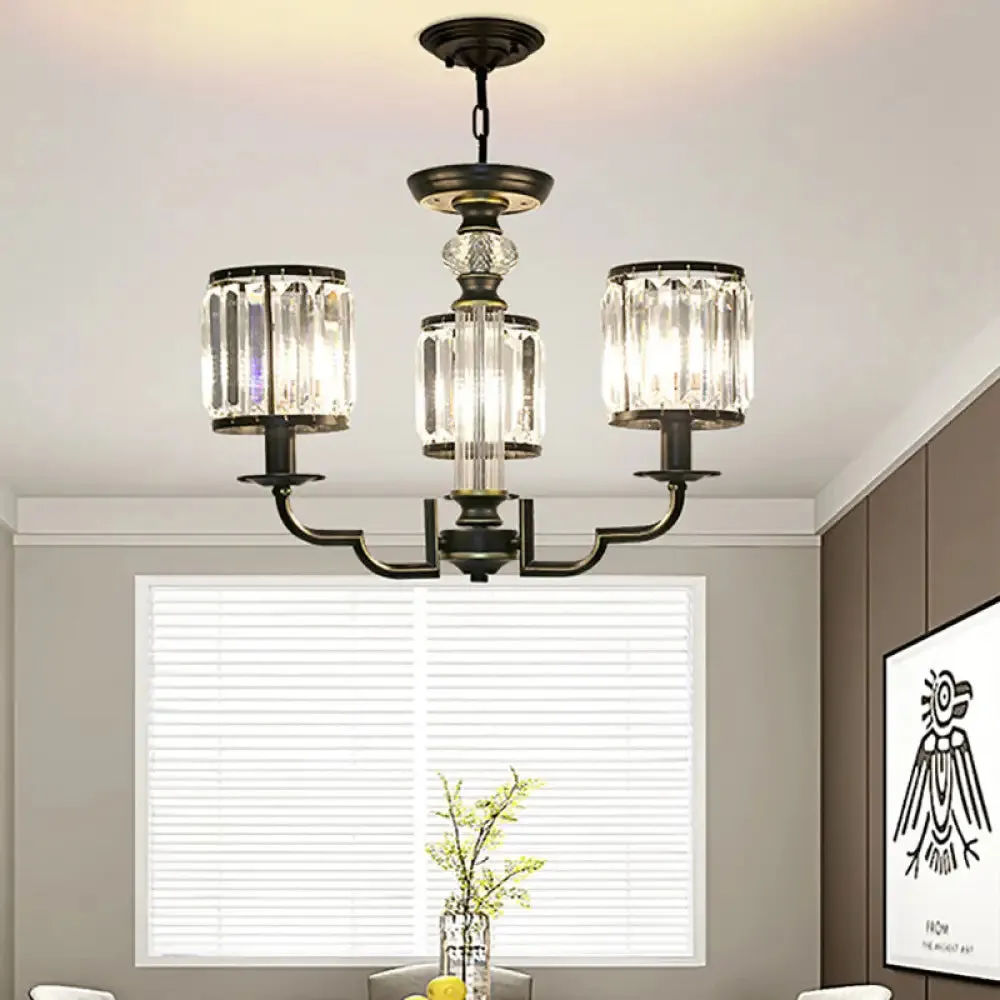 Contemporary Crystal Chandelier: Black Cylinder Pendant Light with Adjustable Chain - 3/6 Lights