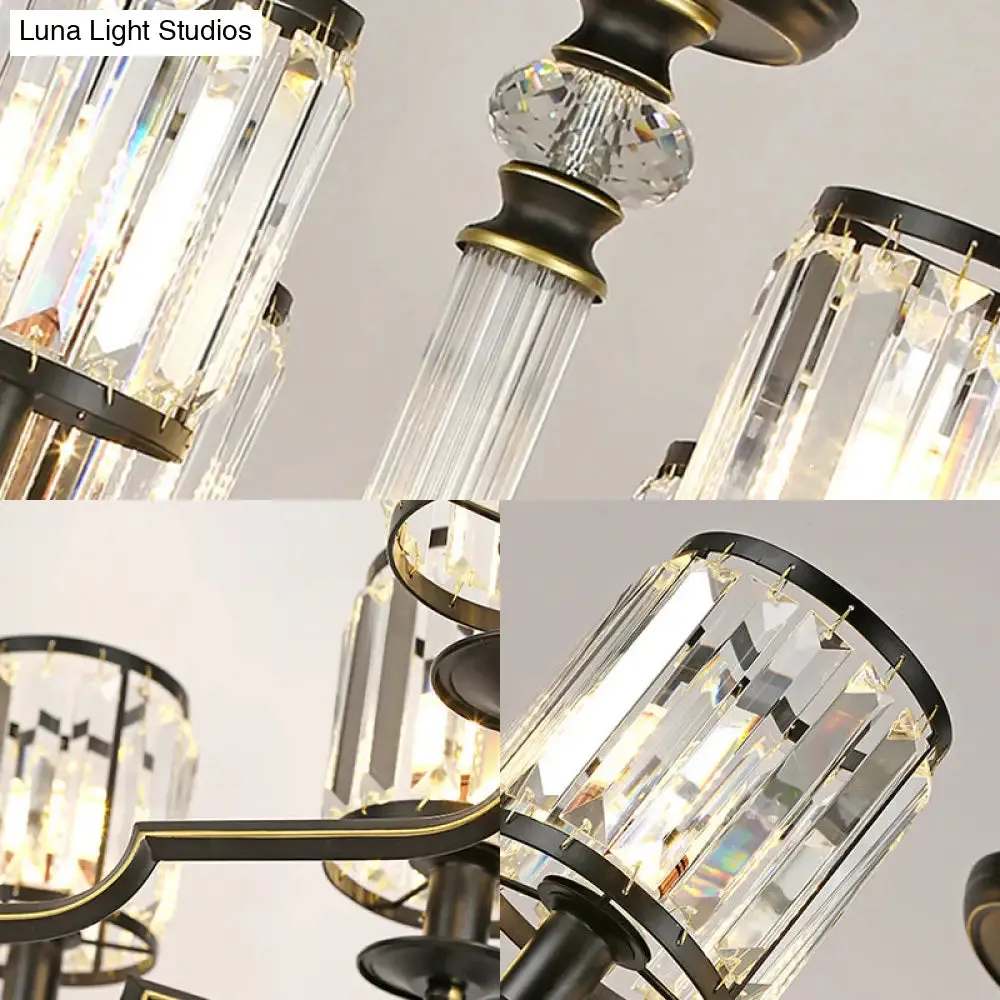 Contemporary Crystal Chandelier: Black Cylinder Pendant Light with Adjustable Chain - 3/6 Lights