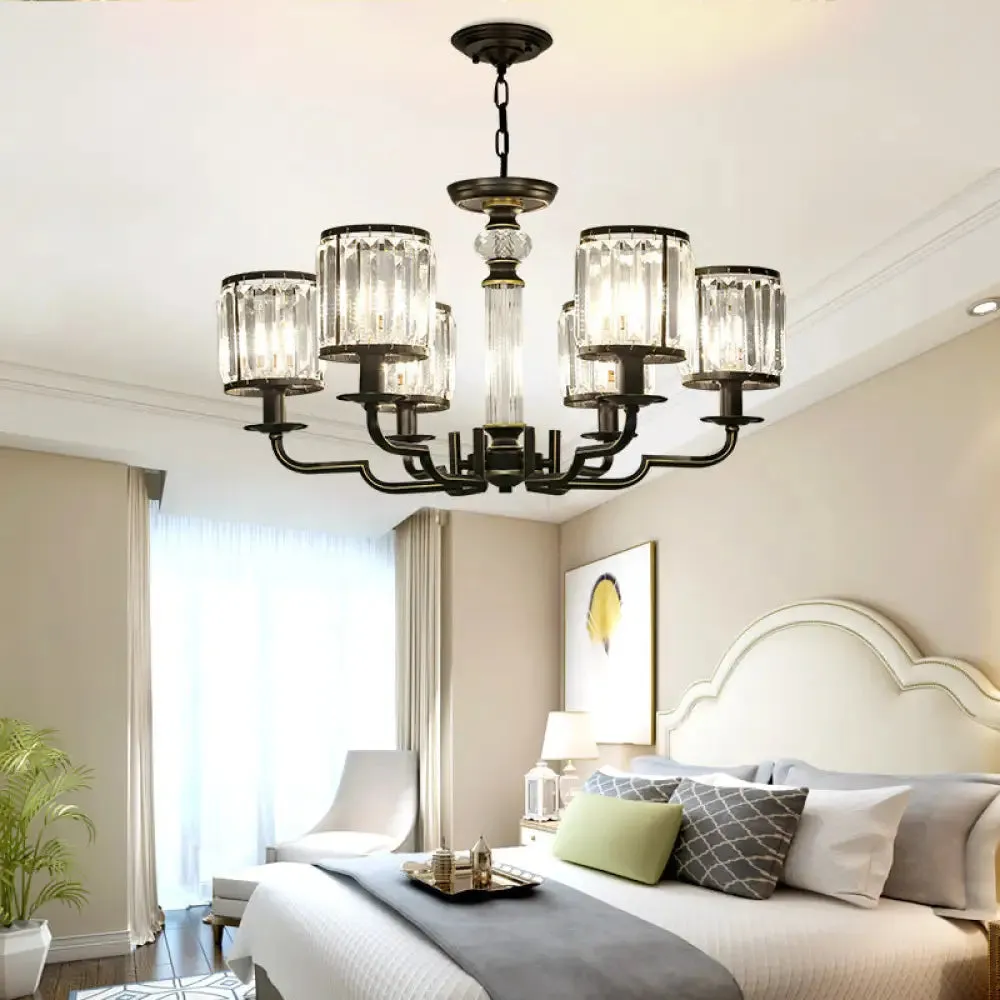 Contemporary Crystal Chandelier: Black Cylinder Pendant Light with Adjustable Chain - 3/6 Lights