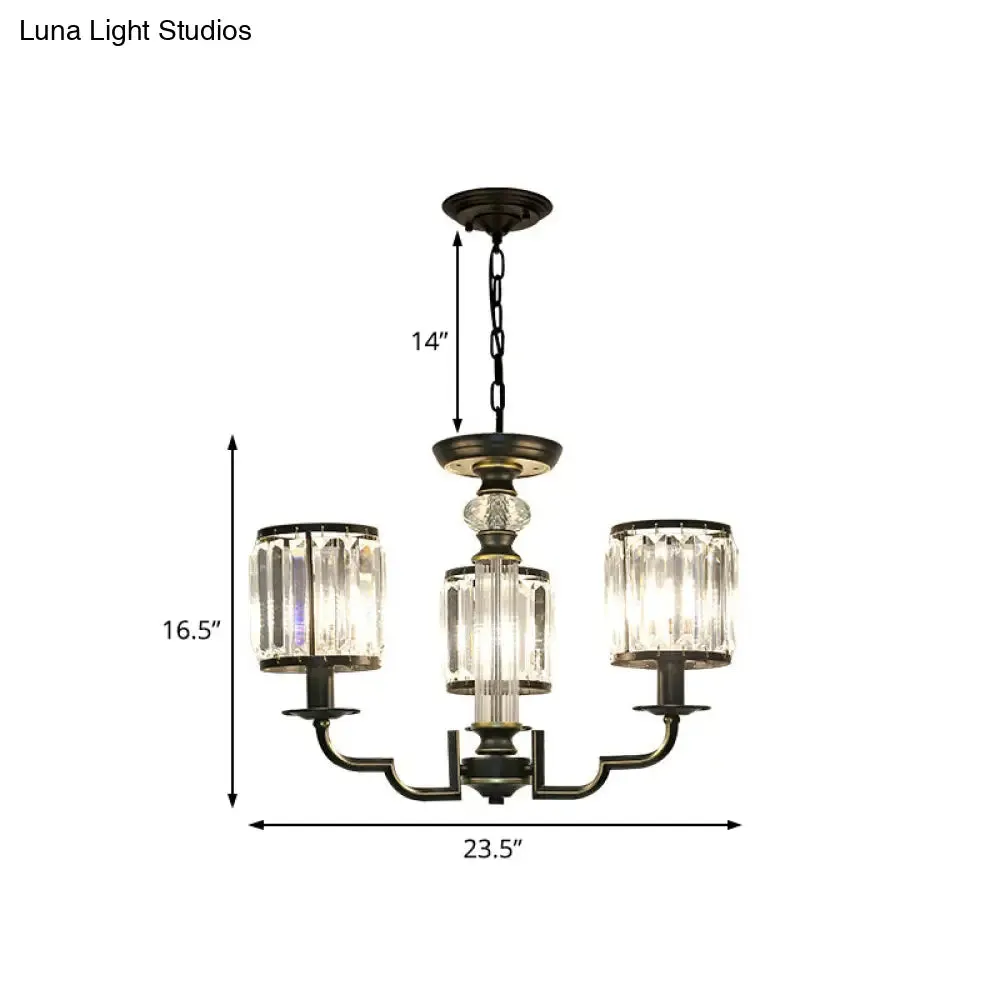 Contemporary Crystal Chandelier: Black Cylinder Pendant Light with Adjustable Chain - 3/6 Lights