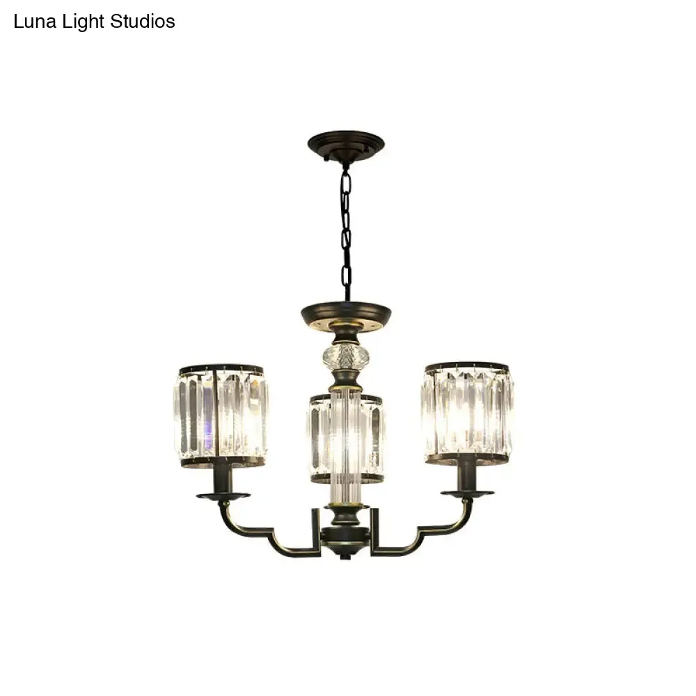 Contemporary Crystal Chandelier: Black Cylinder Pendant Light with Adjustable Chain - 3/6 Lights