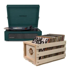 Crosley Voyager Bluetooth Portable Turntable - Dark Aegean   Bundled Record Storage Crate
