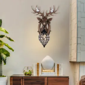 Deer Head Wall Lamp: Countryside Resin Sconce with Lantern Crystal Shade in White/Brown