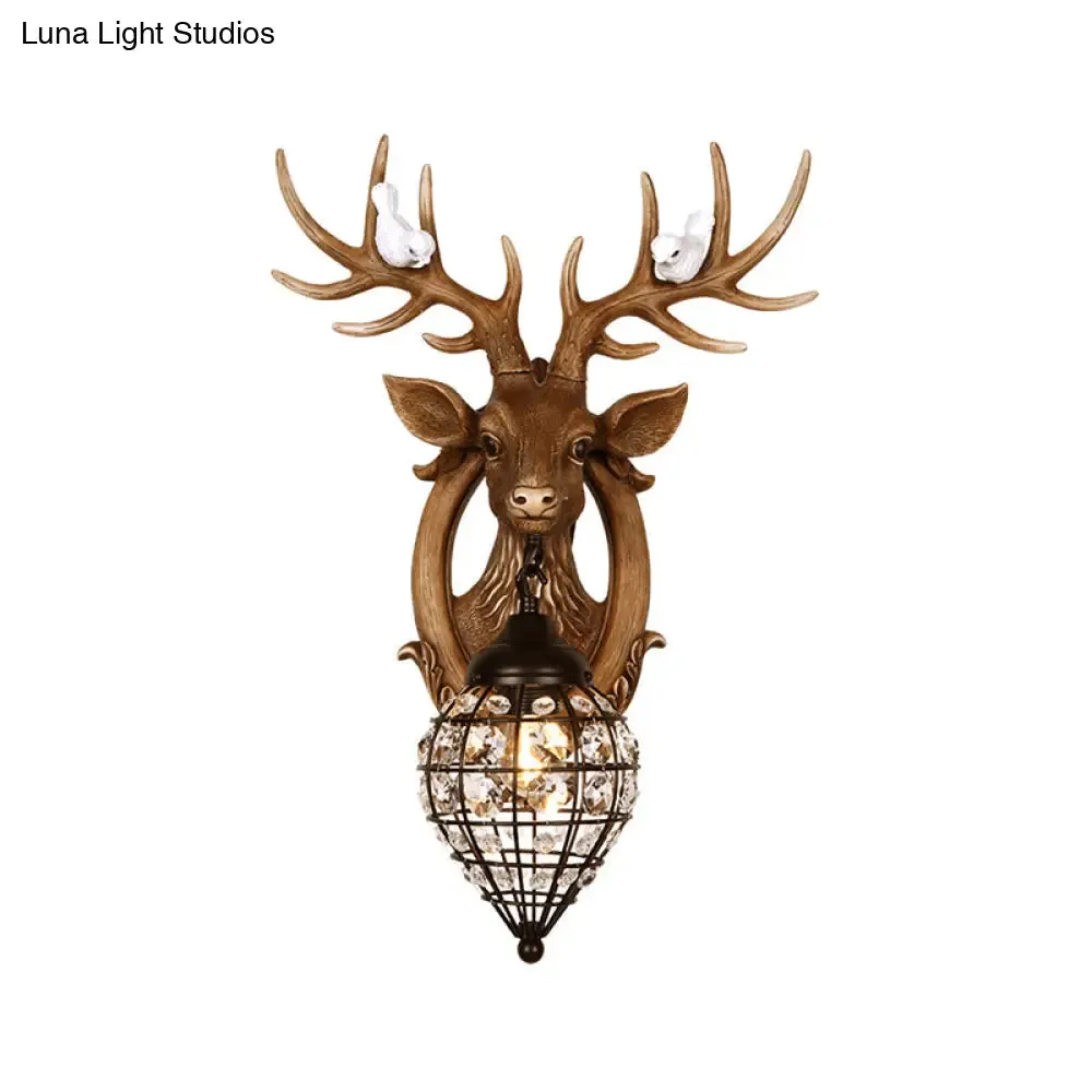 Deer Head Wall Lamp: Countryside Resin Sconce with Lantern Crystal Shade in White/Brown