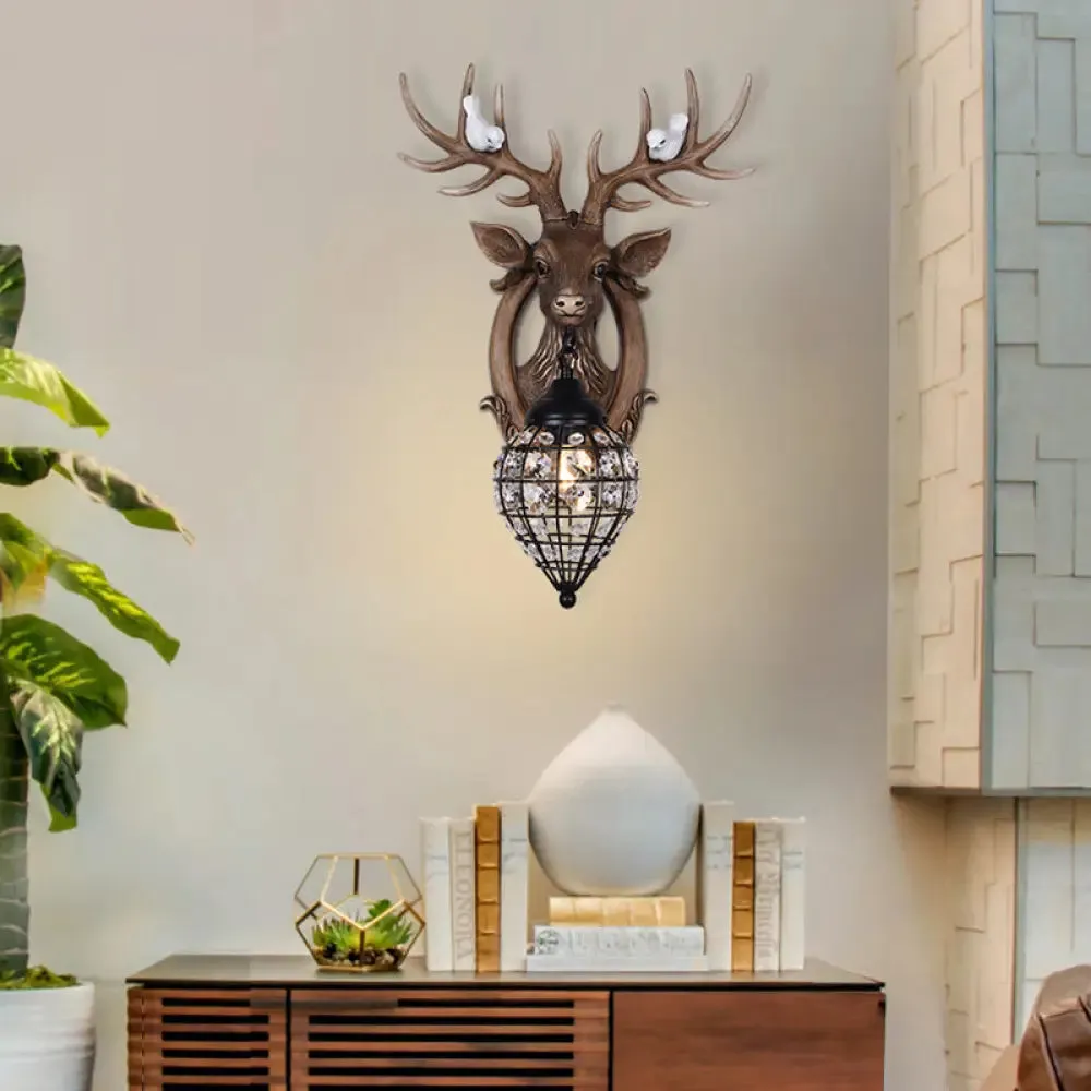 Deer Head Wall Lamp: Countryside Resin Sconce with Lantern Crystal Shade in White/Brown