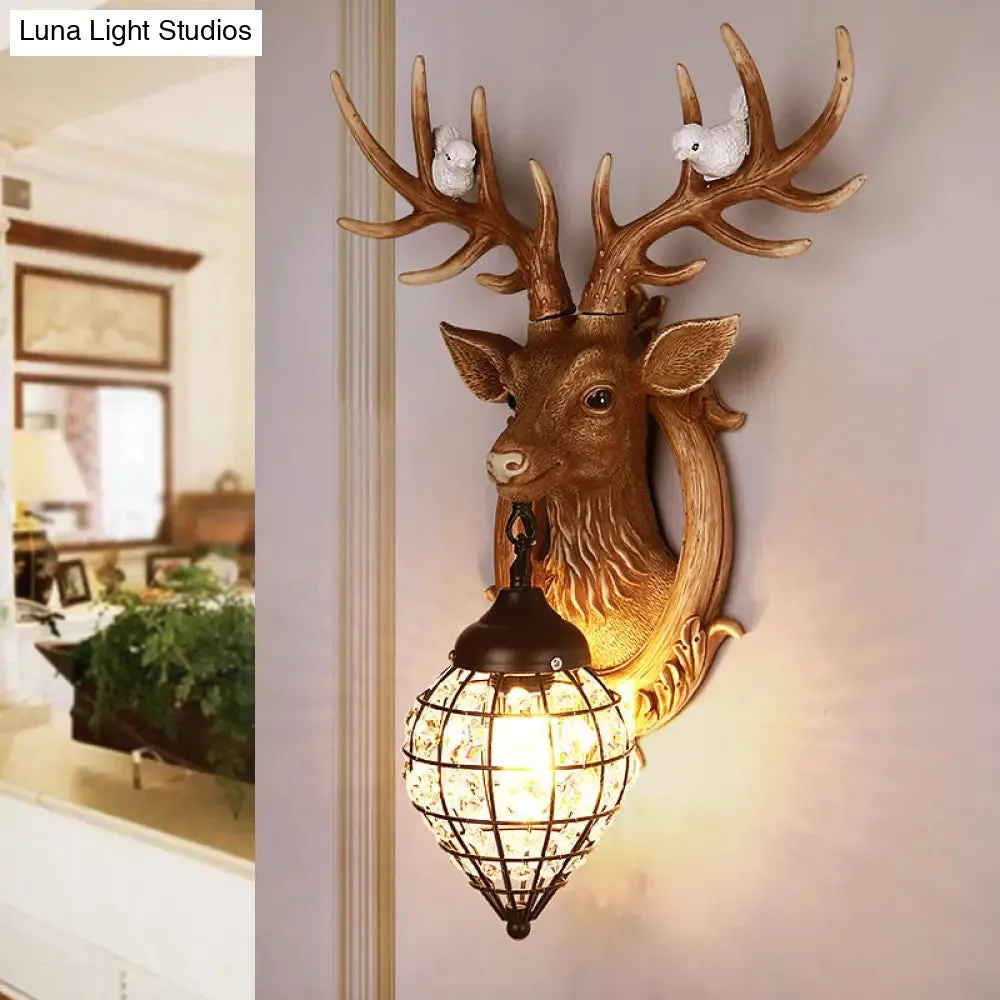 Deer Head Wall Lamp: Countryside Resin Sconce with Lantern Crystal Shade in White/Brown