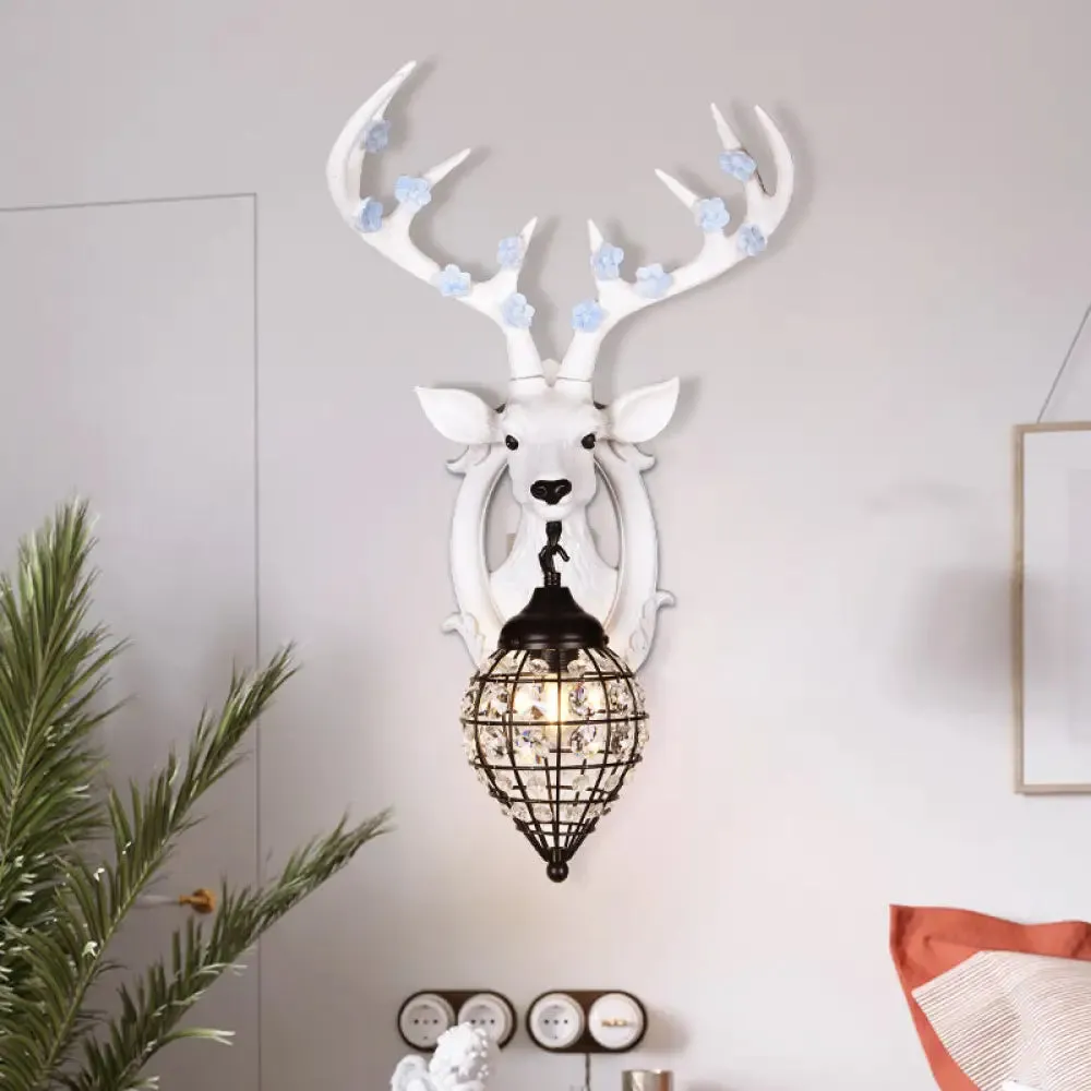 Deer Head Wall Lamp: Countryside Resin Sconce with Lantern Crystal Shade in White/Brown