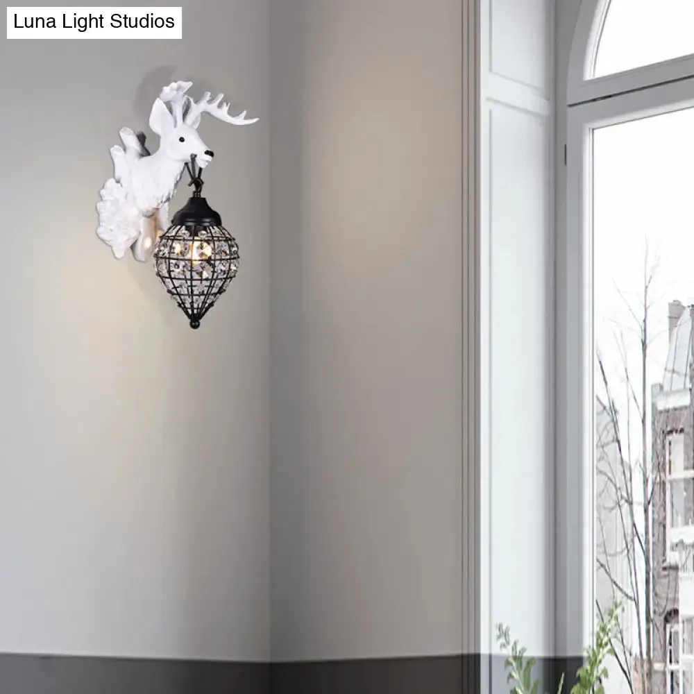 Deer Head Wall Lamp: Countryside Resin Sconce with Lantern Crystal Shade in White/Brown