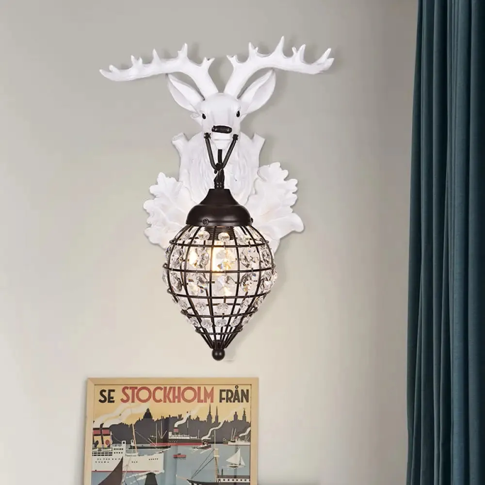 Deer Head Wall Lamp: Countryside Resin Sconce with Lantern Crystal Shade in White/Brown