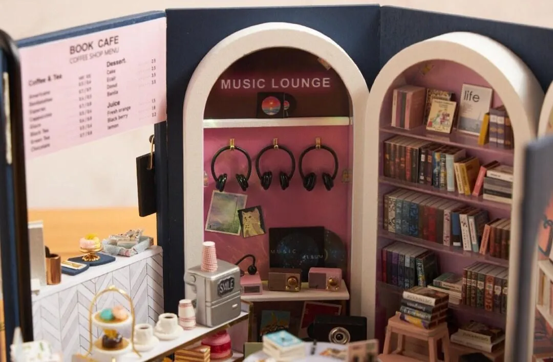 DIY Dollhouse Kit - Book Store Dollhouse Miniature - Book Shop Dollhouse Kit - Book Cafe Dollhouse With Music Lounge - Book Lover Gifts