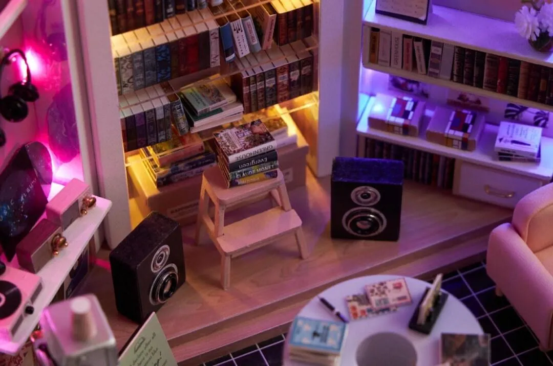 DIY Dollhouse Kit - Book Store Dollhouse Miniature - Book Shop Dollhouse Kit - Book Cafe Dollhouse With Music Lounge - Book Lover Gifts