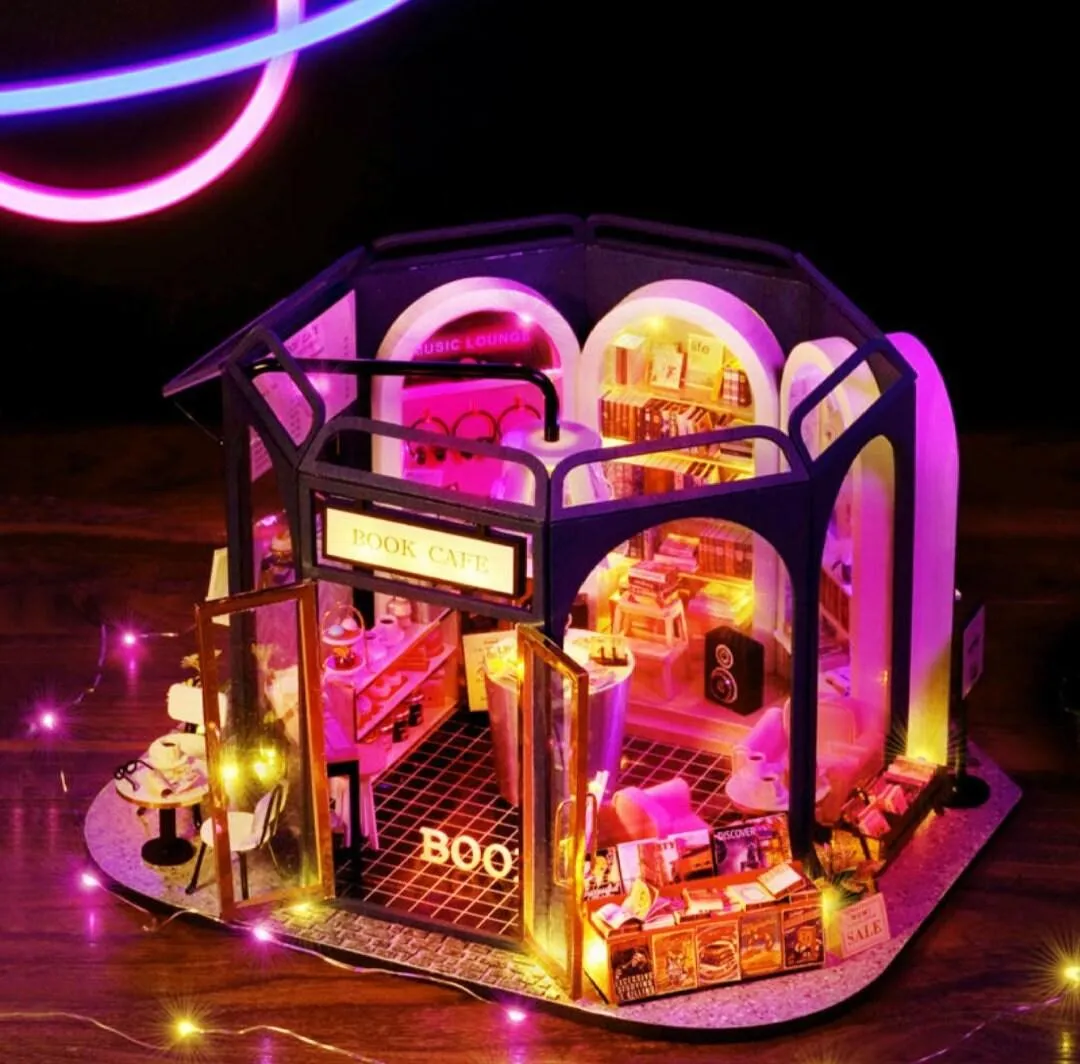 DIY Dollhouse Kit - Book Store Dollhouse Miniature - Book Shop Dollhouse Kit - Book Cafe Dollhouse With Music Lounge - Book Lover Gifts