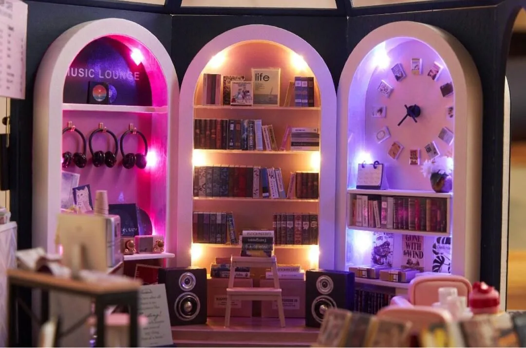 DIY Dollhouse Kit - Book Store Dollhouse Miniature - Book Shop Dollhouse Kit - Book Cafe Dollhouse With Music Lounge - Book Lover Gifts