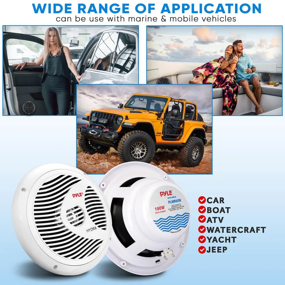Dual 8'' Waterproof Marine Speakers, Full Range Stereo Sound, 180 Watt, White