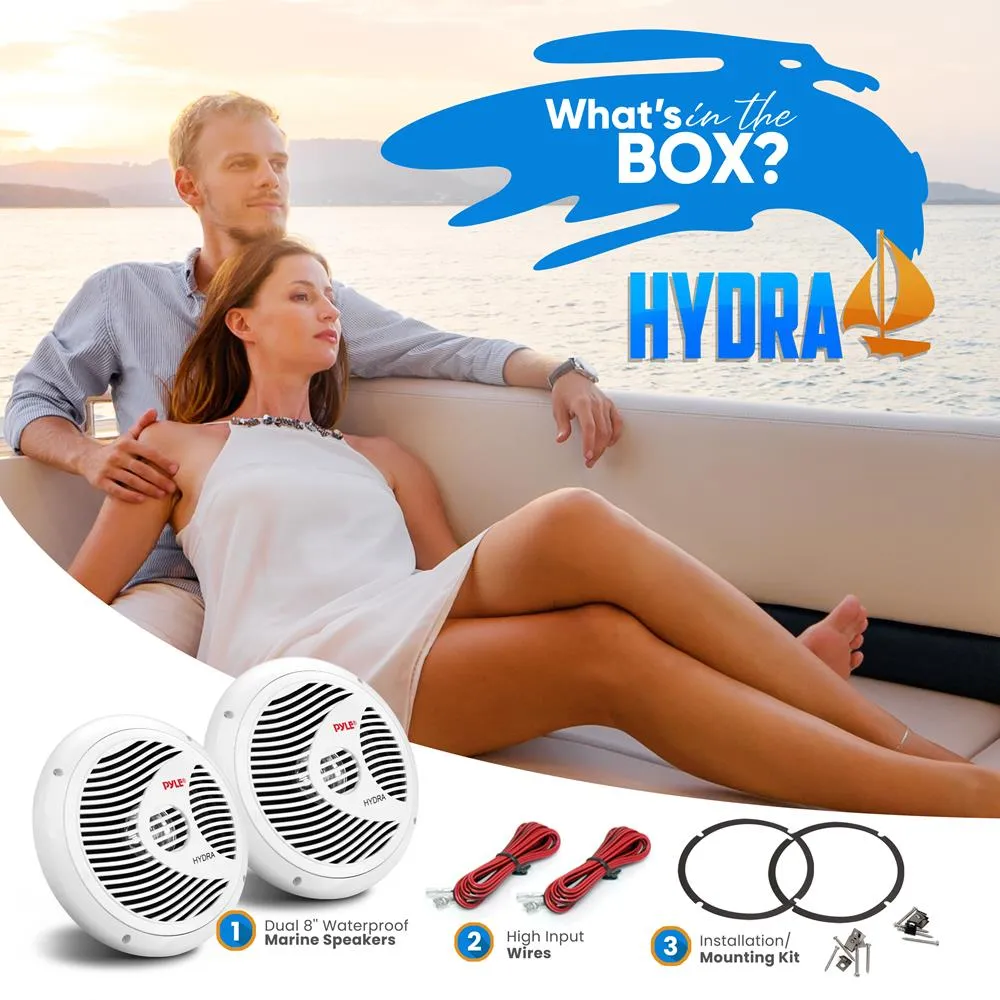 Dual 8'' Waterproof Marine Speakers, Full Range Stereo Sound, 180 Watt, White