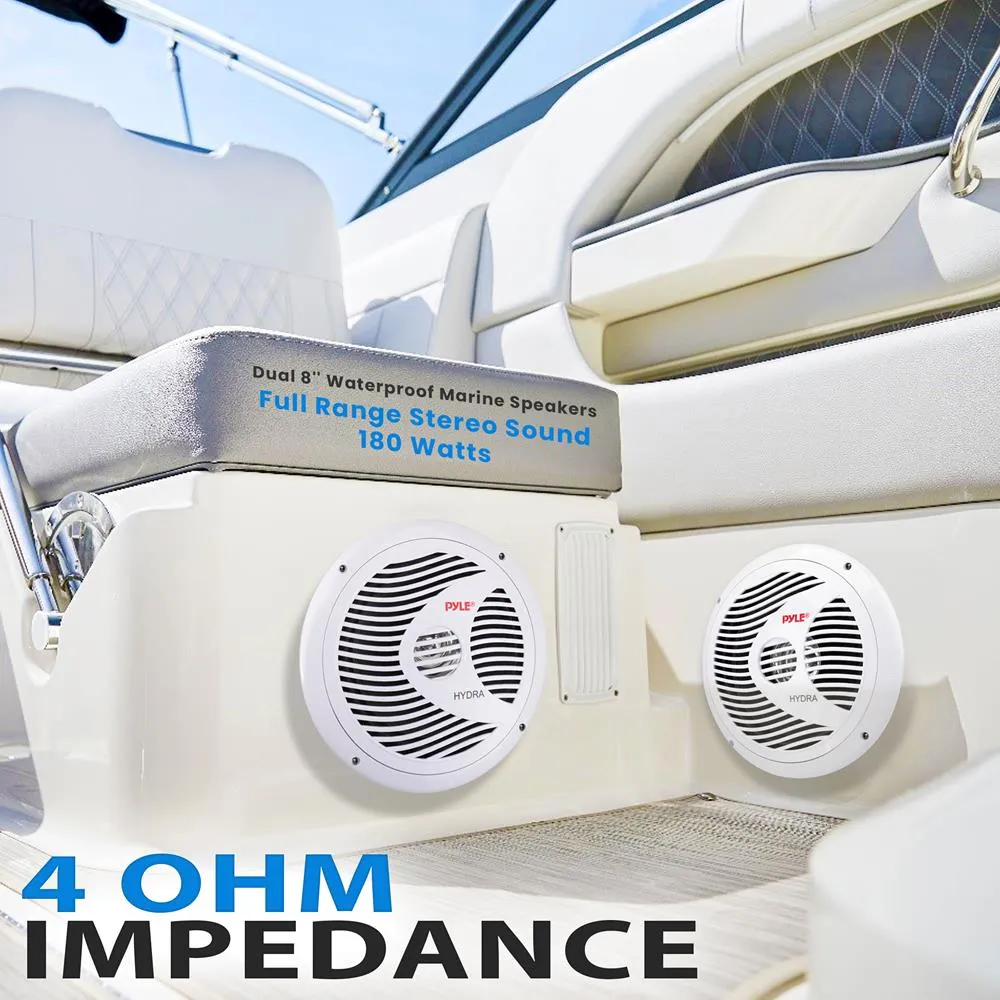 Dual 8'' Waterproof Marine Speakers, Full Range Stereo Sound, 180 Watt, White