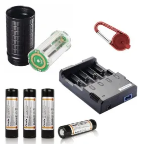 Fenix AER-TK75 Extension Kit for TK75 LED Flashlight: Includes Battery Magazine, 4 Fenix ARB-L2 18650 Batteries, Nitecore i4 Smart Charger, and Red Smith & Wesson LED Carabiner Clip Light