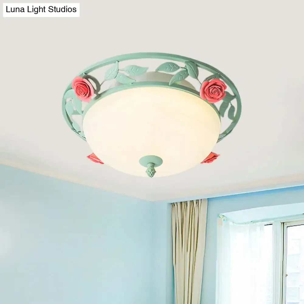 Frosted Glass Dome Flush Light - LED Bedroom Flush Mount in Light Green with Rose Decor