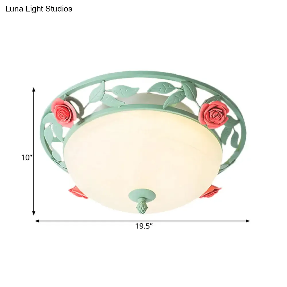 Frosted Glass Dome Flush Light - LED Bedroom Flush Mount in Light Green with Rose Decor
