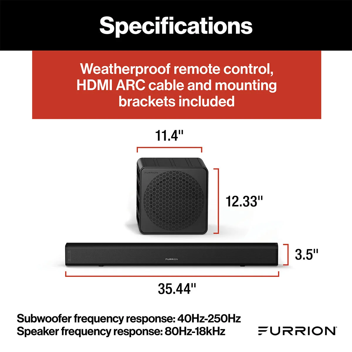 Furrion Aurora 130W 2.1 Outdoor Sound System with 8" Wireless Subwoofer, Bluetooth, HDMI-ARC, & Optical Inputs