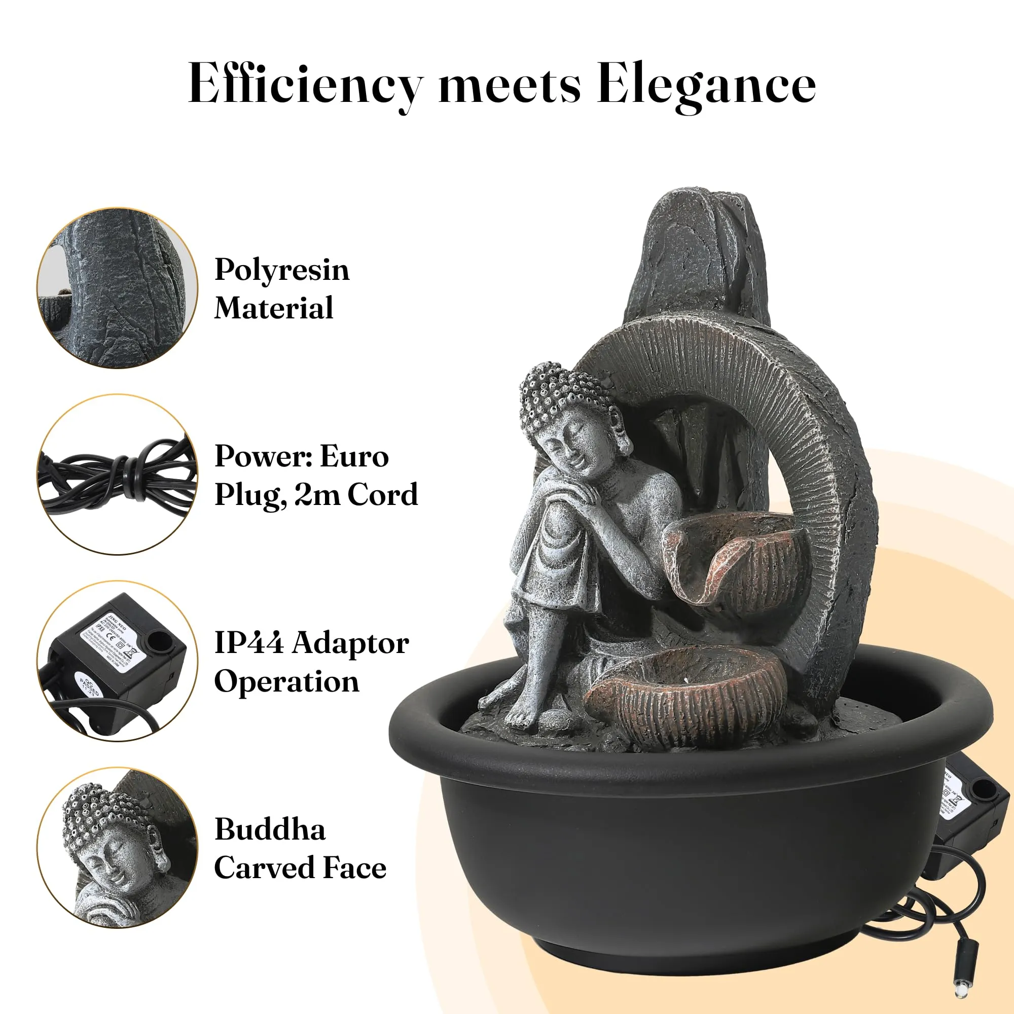 Gleevers Tabletop Buddha Fountain 16x16x19cm | Polyresin LED Water Feature | Home/Office Decor Showpiece | Grey | Housewarming Gift | Small Pack