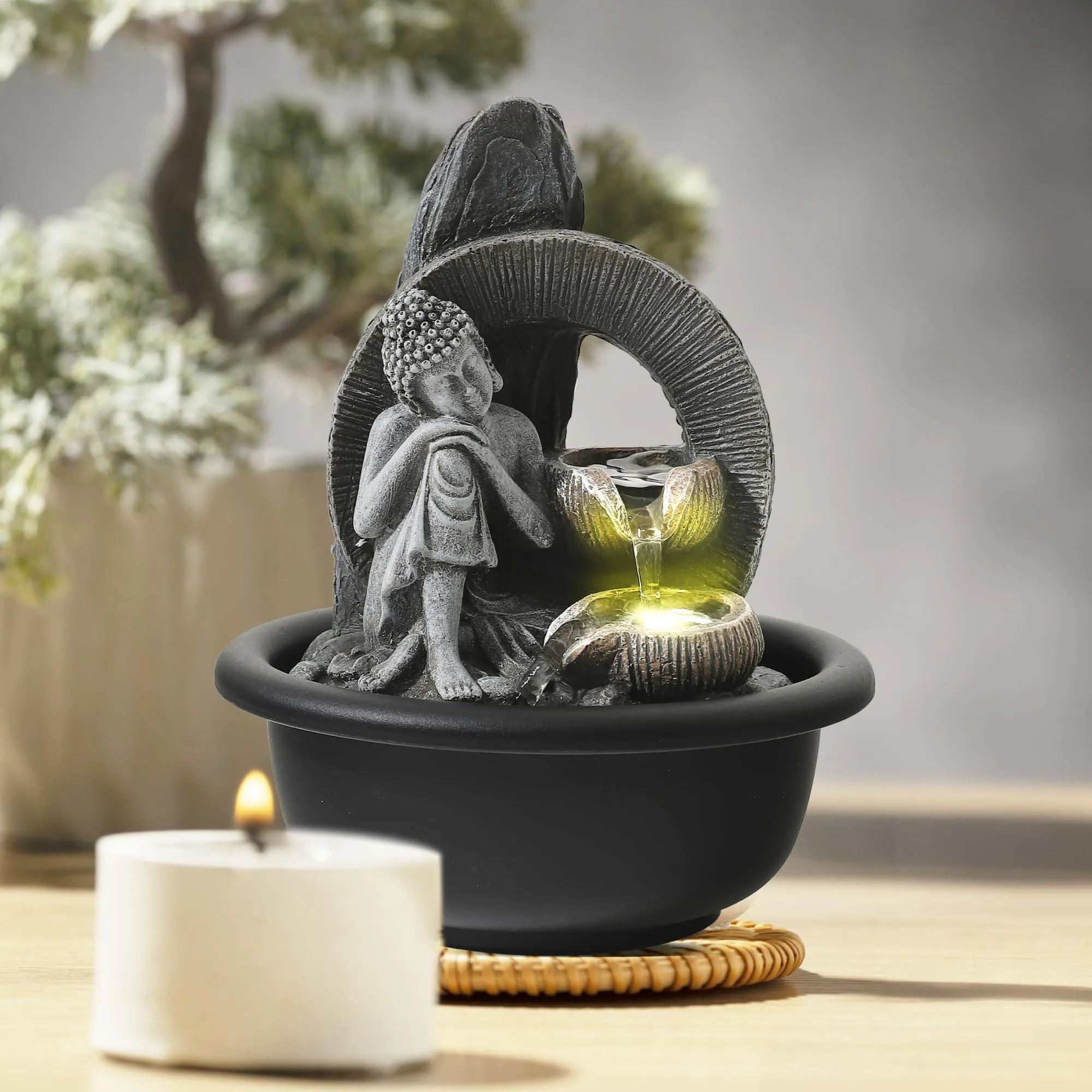 Gleevers Tabletop Buddha Fountain 16x16x19cm | Polyresin LED Water Feature | Home/Office Decor Showpiece | Grey | Housewarming Gift | Small Pack