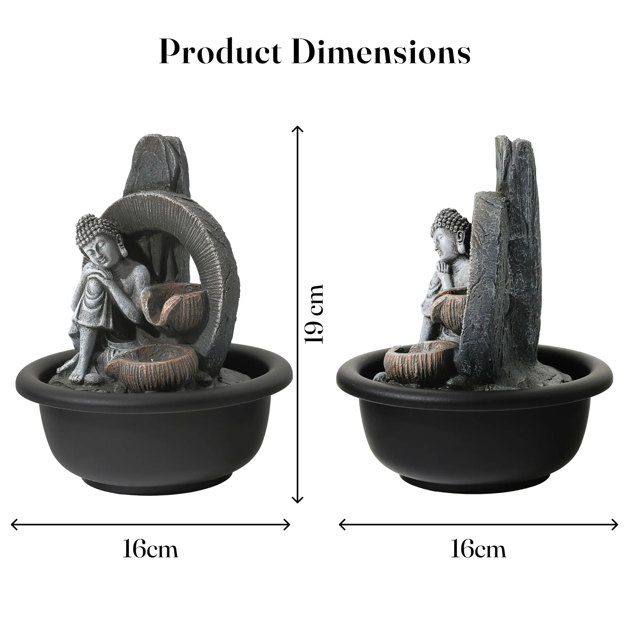 Gleevers Tabletop Buddha Fountain 16x16x19cm | Polyresin LED Water Feature | Home/Office Decor Showpiece | Grey | Housewarming Gift | Small Pack