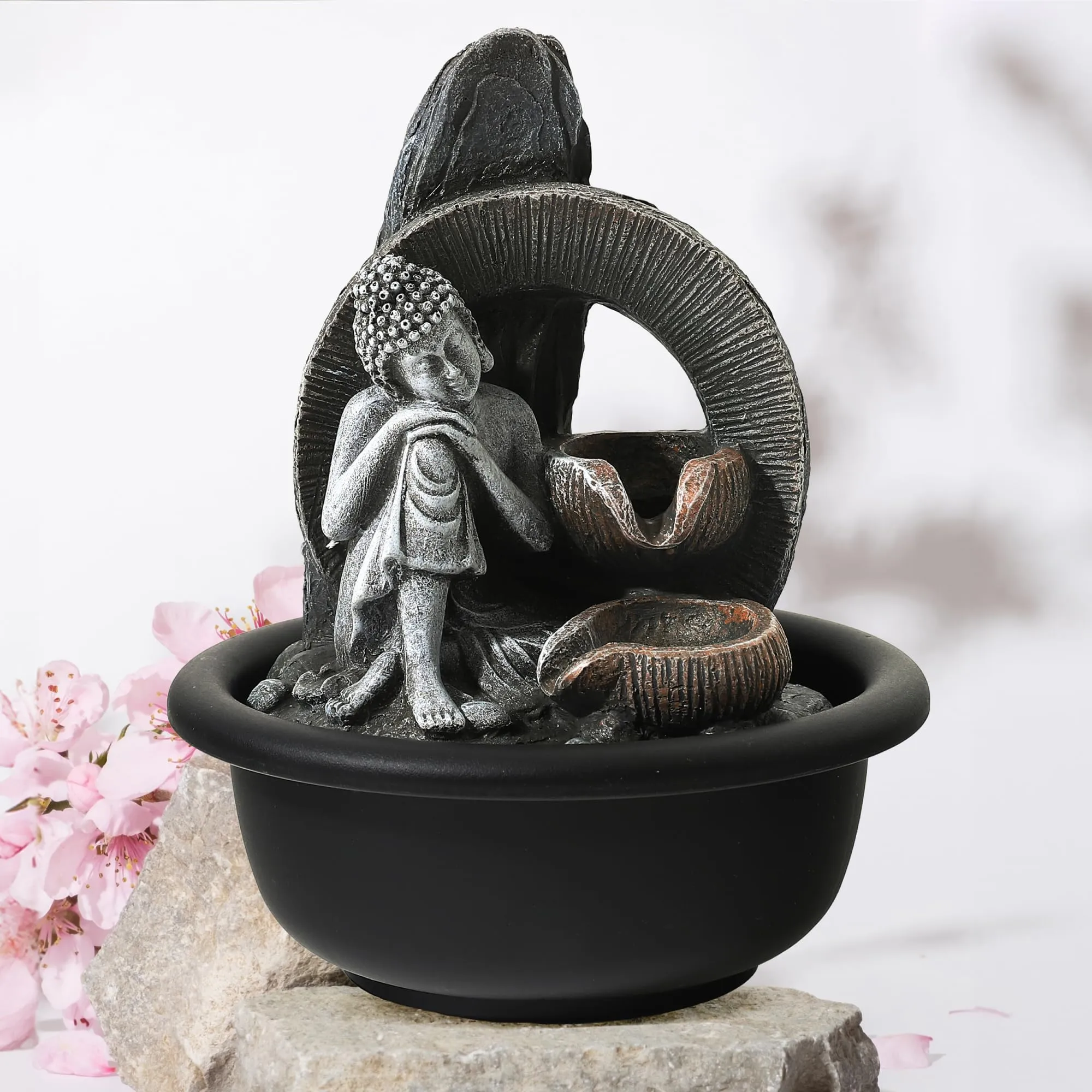 Gleevers Tabletop Buddha Fountain 16x16x19cm | Polyresin LED Water Feature | Home/Office Decor Showpiece | Grey | Housewarming Gift | Small Pack