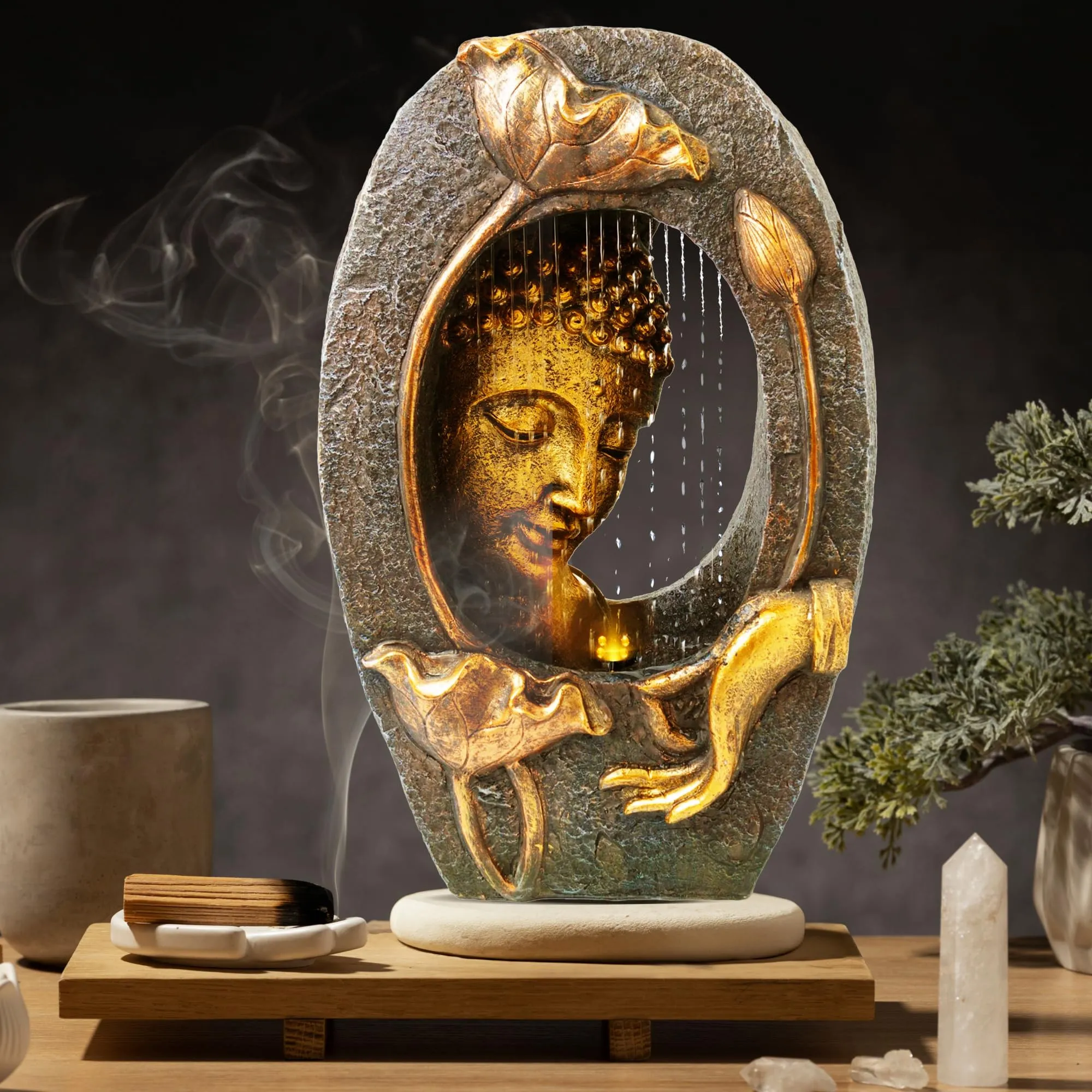 Gleevers Tabletop Buddha Fountain | 33x17x49.5cm | Polyresin LED Home Decor Bronze | Living Room/Office/Garden | Housewarming Gift for new home- 1 Piece