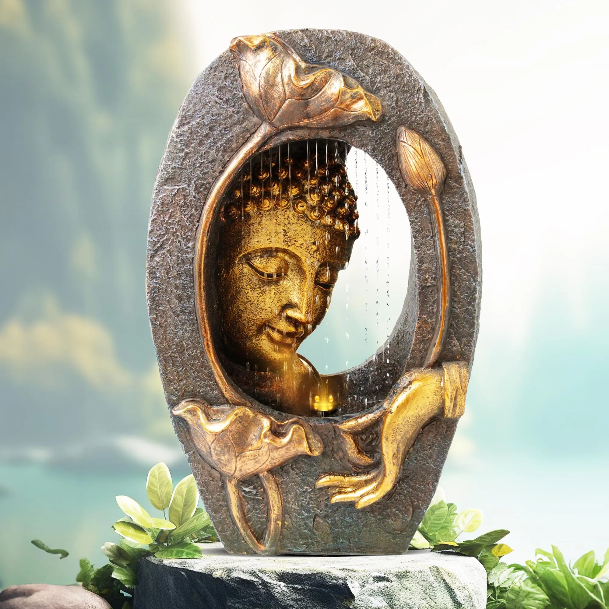 Gleevers Tabletop Buddha Fountain | 33x17x49.5cm | Polyresin LED Home Decor Bronze | Living Room/Office/Garden | Housewarming Gift for new home- 1 Piece
