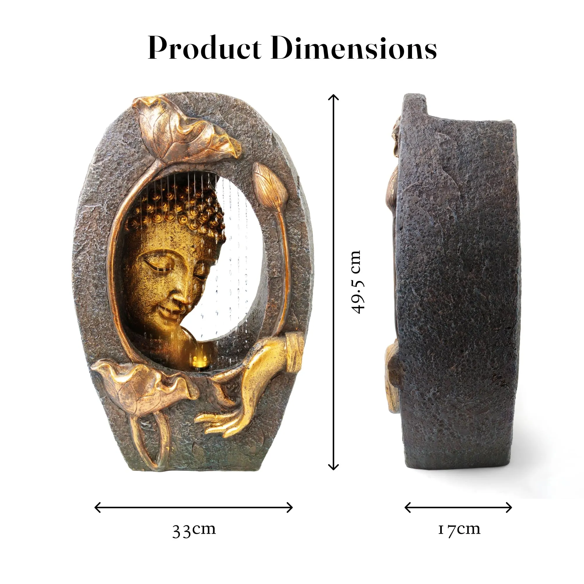 Gleevers Tabletop Buddha Fountain | 33x17x49.5cm | Polyresin LED Home Decor Bronze | Living Room/Office/Garden | Housewarming Gift for new home- 1 Piece