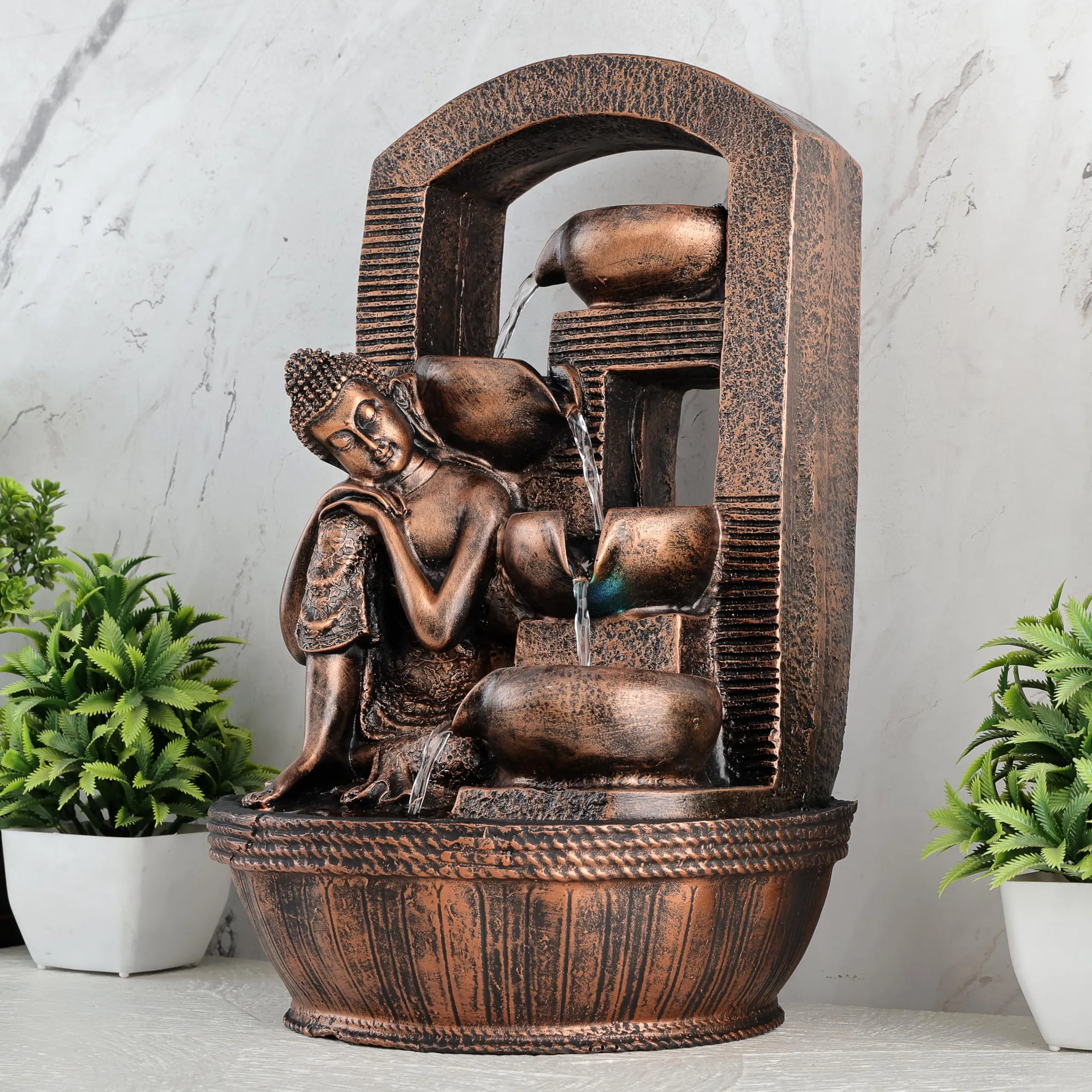 Global Grabbers Polyresin Table Top Indoor Outdoor Water Fall Fountain with LED Lights Home Decor Decoration Gift Gifting Items-A_COP-BG27
