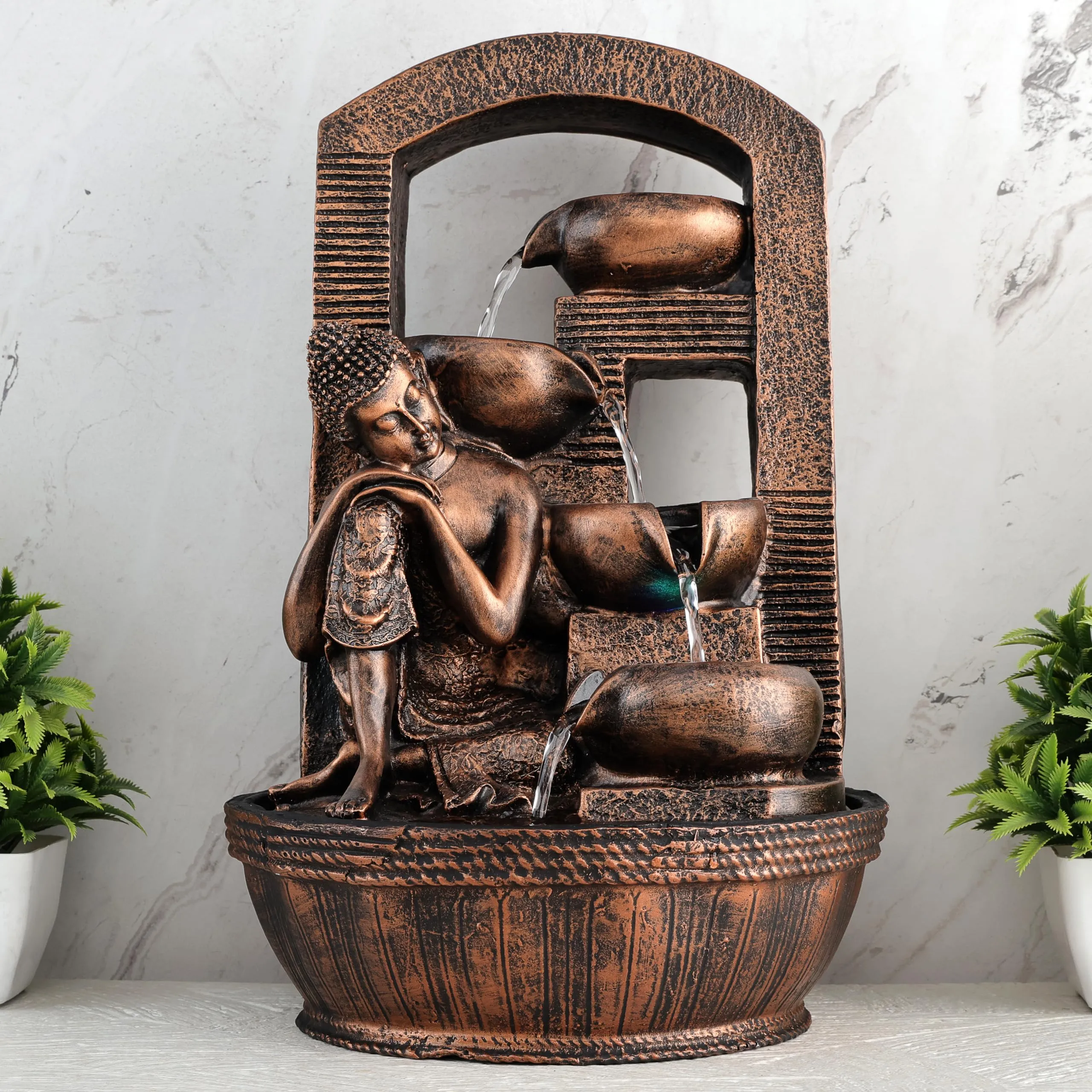 Global Grabbers Polyresin Table Top Indoor Outdoor Water Fall Fountain with LED Lights Home Decor Decoration Gift Gifting Items-A_COP-BG27