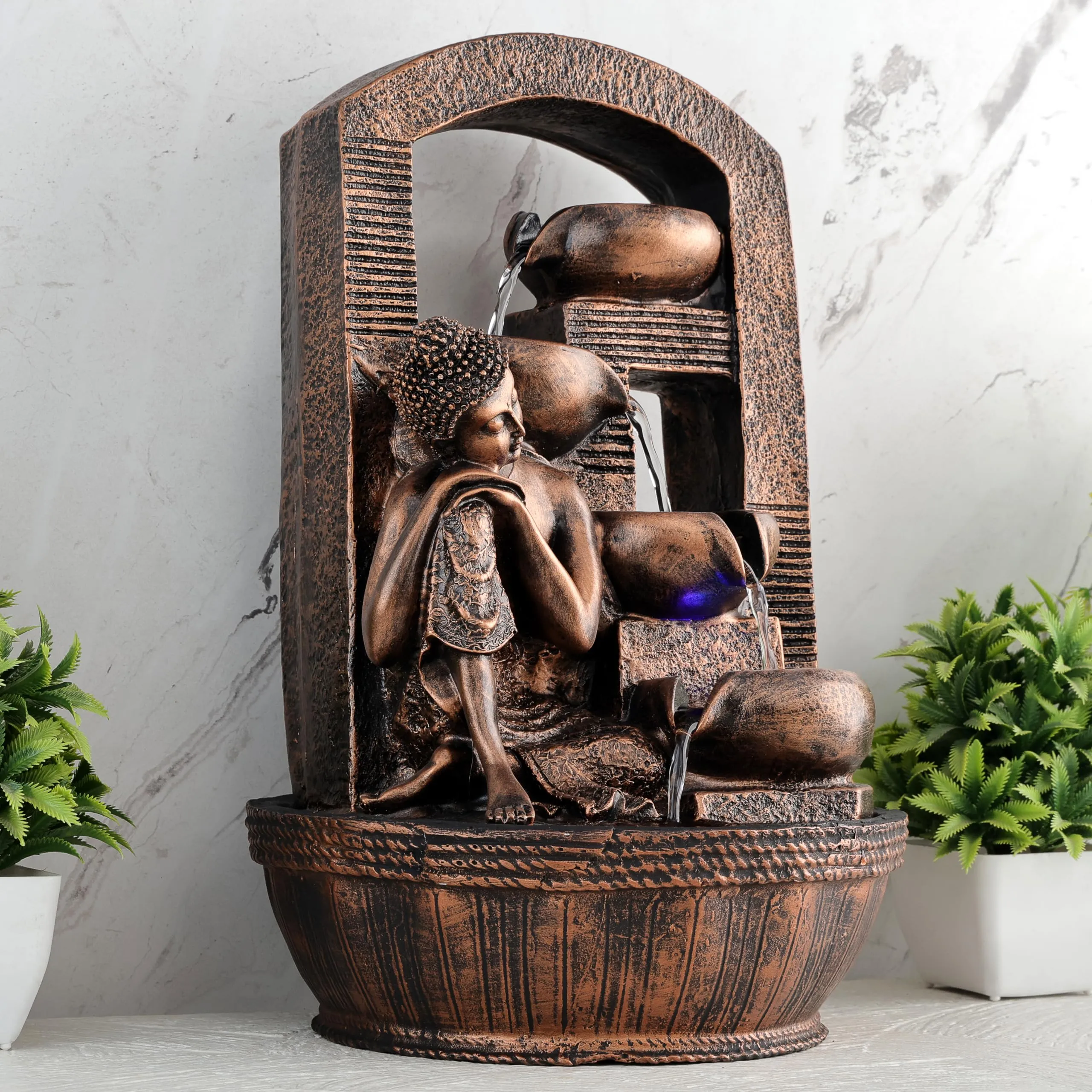 Global Grabbers Polyresin Table Top Indoor Outdoor Water Fall Fountain with LED Lights Home Decor Decoration Gift Gifting Items-A_COP-BG27