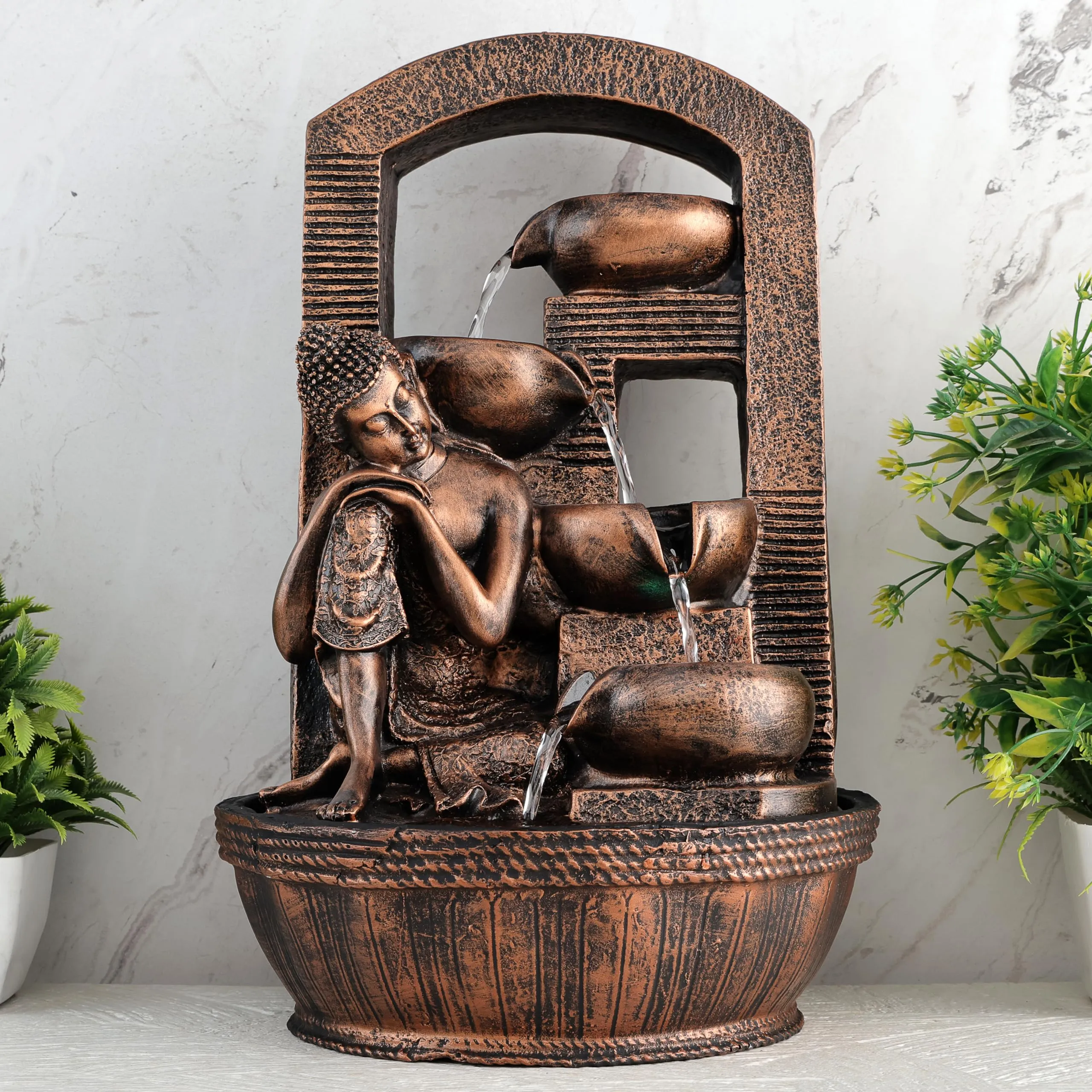 Global Grabbers Polyresin Table Top Indoor Outdoor Water Fall Fountain with LED Lights Home Decor Decoration Gift Gifting Items-A_COP-BG27