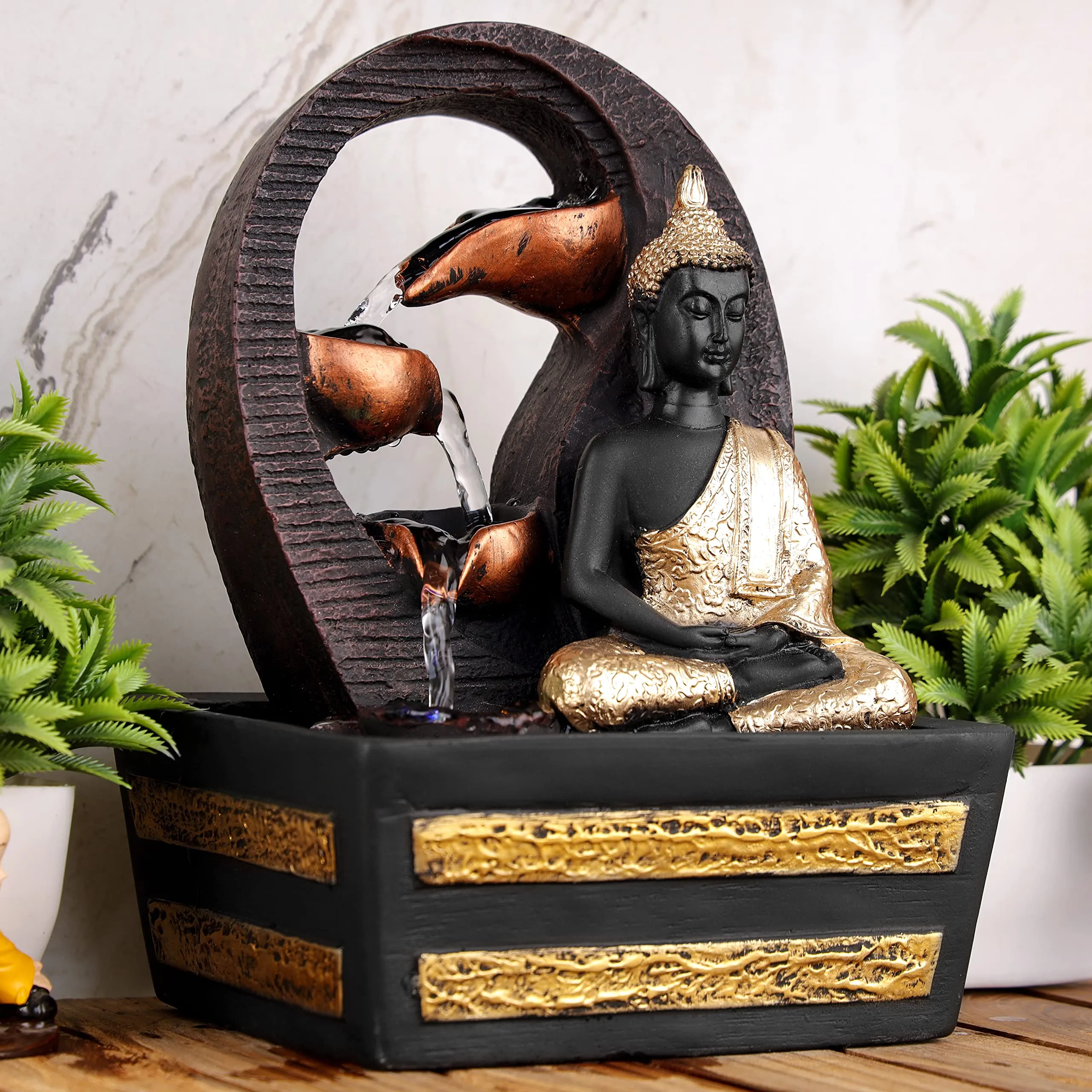 Global Grabbers Polyresin Table Top Indoor Outdoor Water Fall Fountain with LED Lights Home Decor Decoration Gift Gifting Items-GOL_BRO-S2-(000)