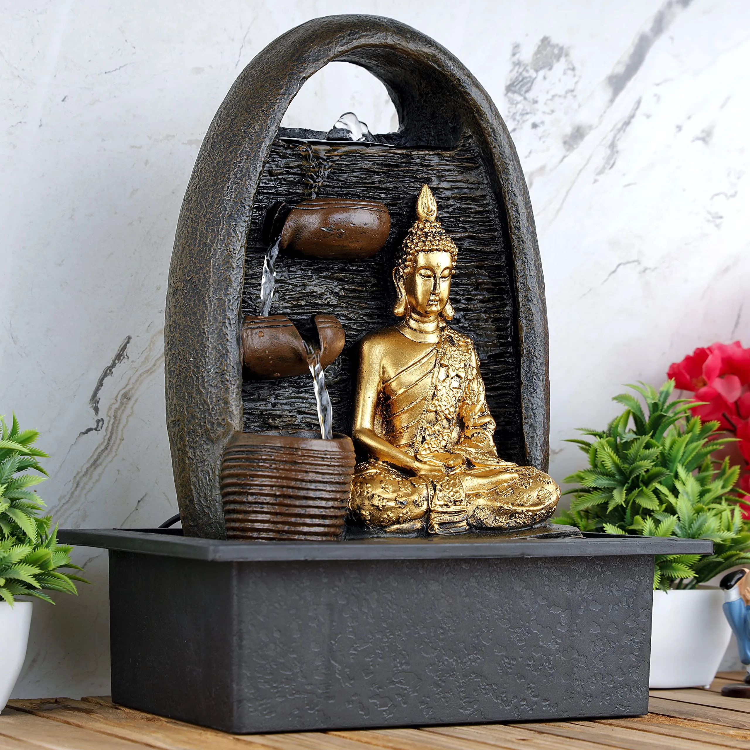 Global Grabbers Polyresin Table Top Indoor Outdoor Water Fall Fountain with LED Lights Home Decor Decoration Gift Gifting Items-GOL_BRO-SF61-(000)