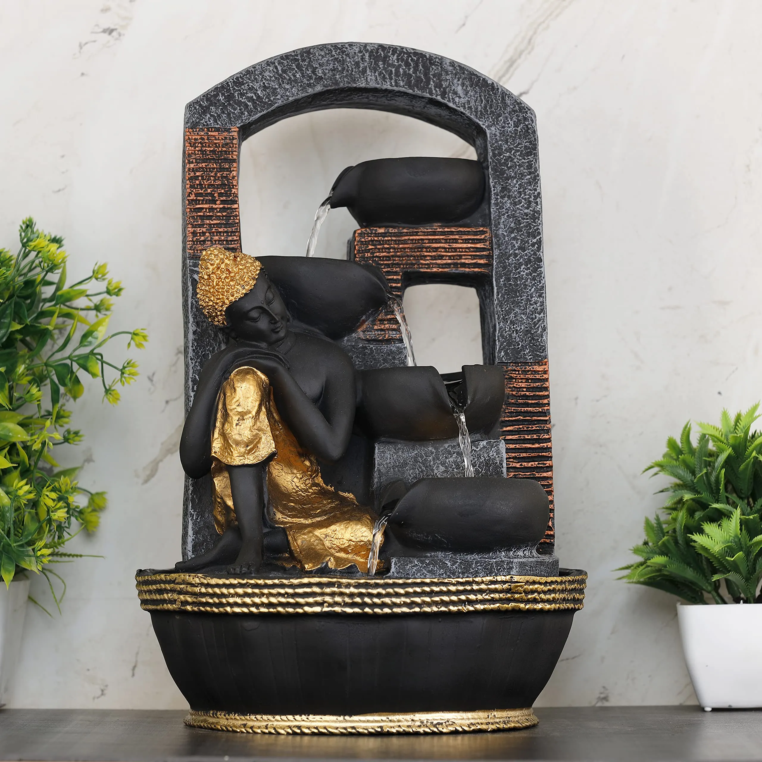 Global Grabbers Polyresin Table Top Indoor Outdoor Water Fall Fountain with LED Lights Home Decor Decoration Gift Gifting Items-GOL_GRY-BG27-(000)